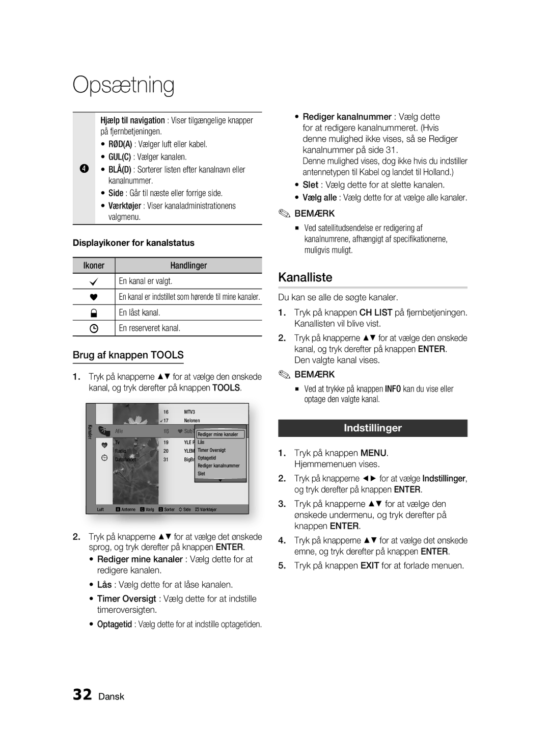 Samsung BD-C8900/XEE manual Kanalliste, Brug af knappen Tools, Indstillinger, Displayikoner for kanalstatus 