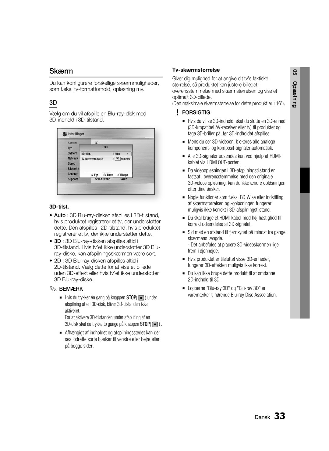 Samsung BD-C8900/XEE manual Skærm, 3D-tilst, 3D 3D Blu-ray-disken afspilles altid, Aktiveret, Tv-skærmstørrelse 