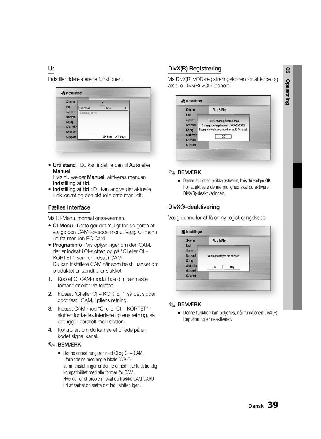 Samsung BD-C8900/XEE manual Fælles interface, DivXR Registrering, DivX-deaktivering, Indstiller tidsrelaterede funktioner 