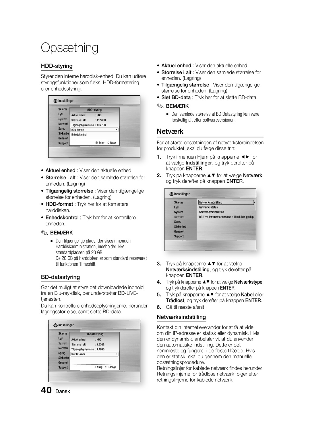 Samsung BD-C8900/XEE manual HDD-styring, BD-datastyring, Netværksindstilling 