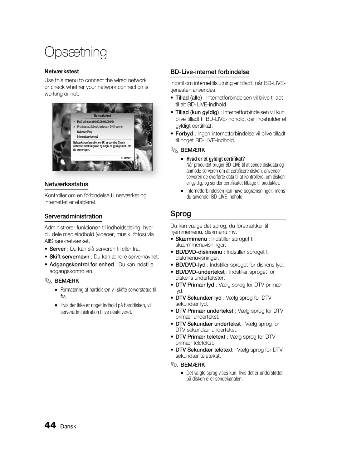 Samsung BD-C8900/XEE manual Sprog, Netværksstatus, Serveradministration, BD-Live-internet forbindelse, Netværkstest 