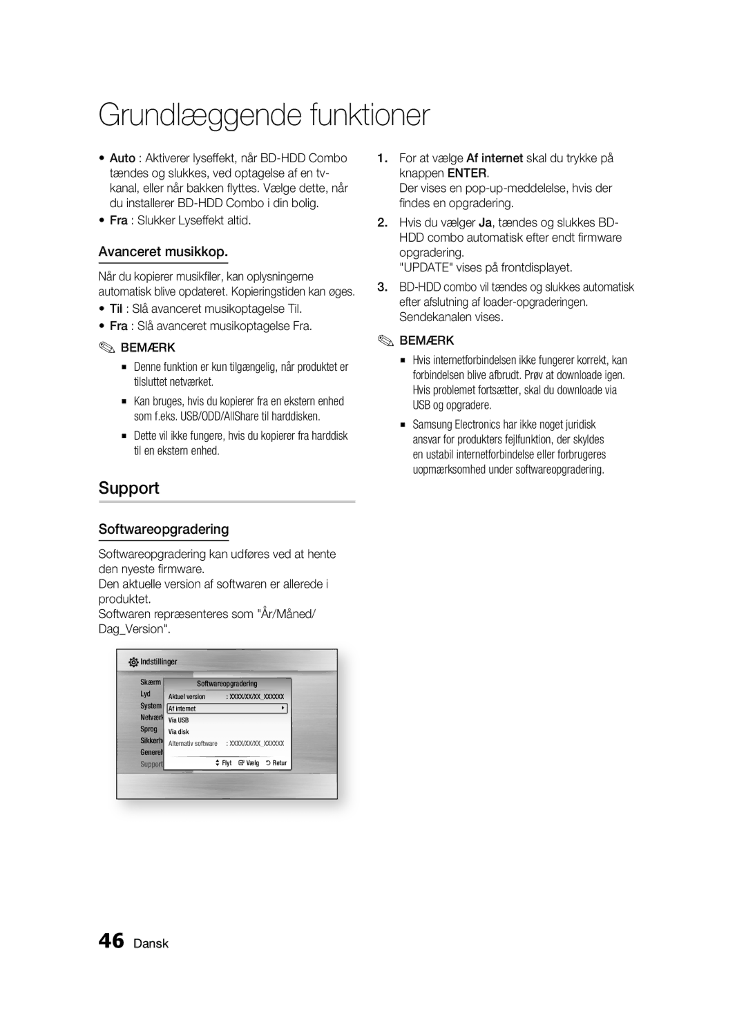 Samsung BD-C8900/XEE manual Grundlæggende funktioner, Support, Avanceret musikkop, Softwareopgradering 