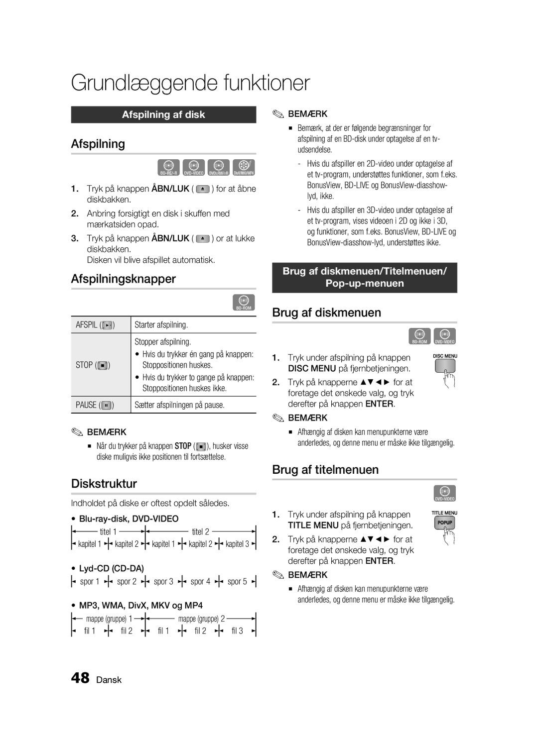 Samsung BD-C8900/XEE manual Afspilningsknapper, Diskstruktur, Brug af diskmenuen, Brug af titelmenuen 