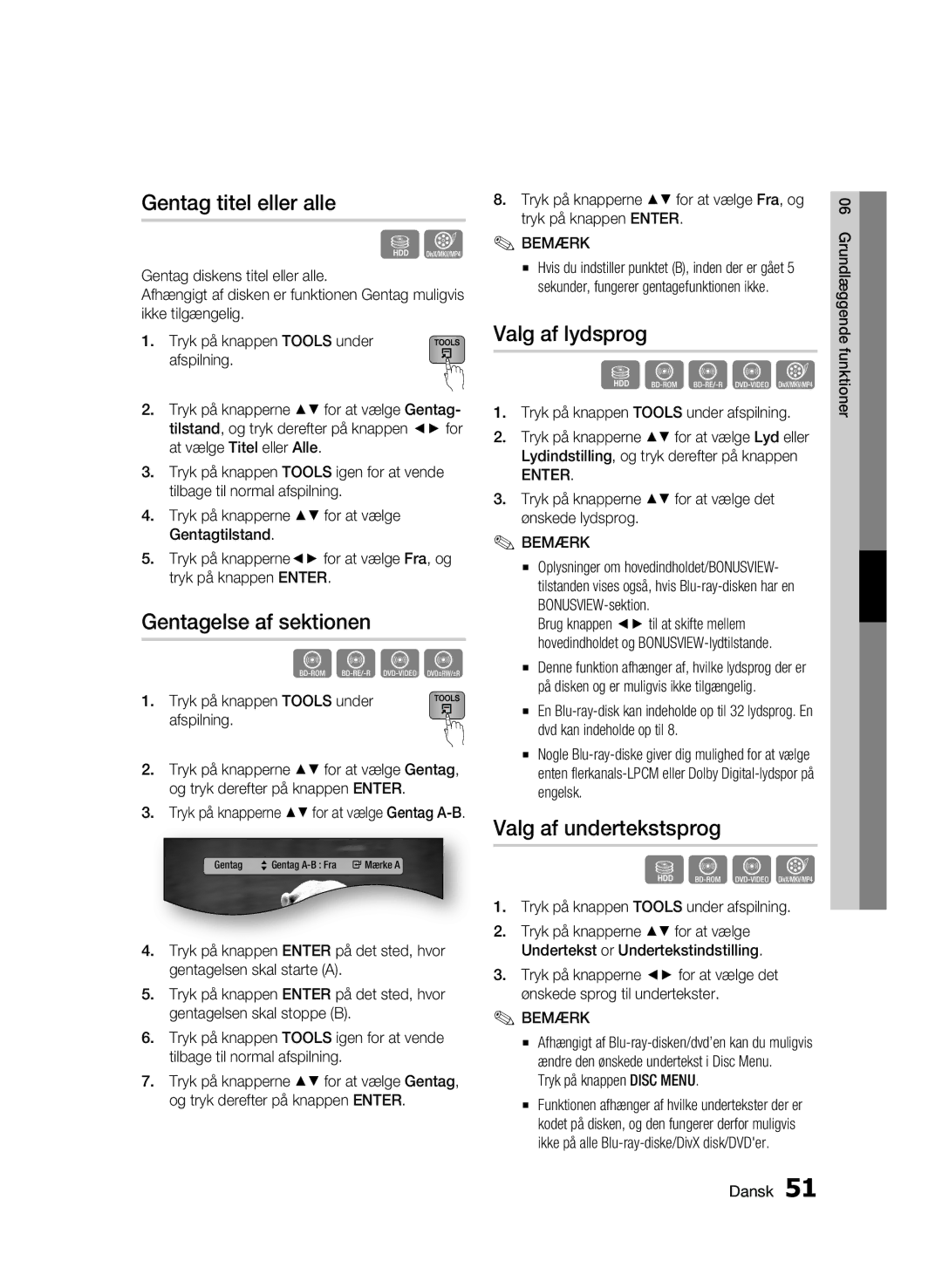 Samsung BD-C8900/XEE manual Gentag titel eller alle, Gentagelse af sektionen, Valg af lydsprog, Valg af undertekstsprog 