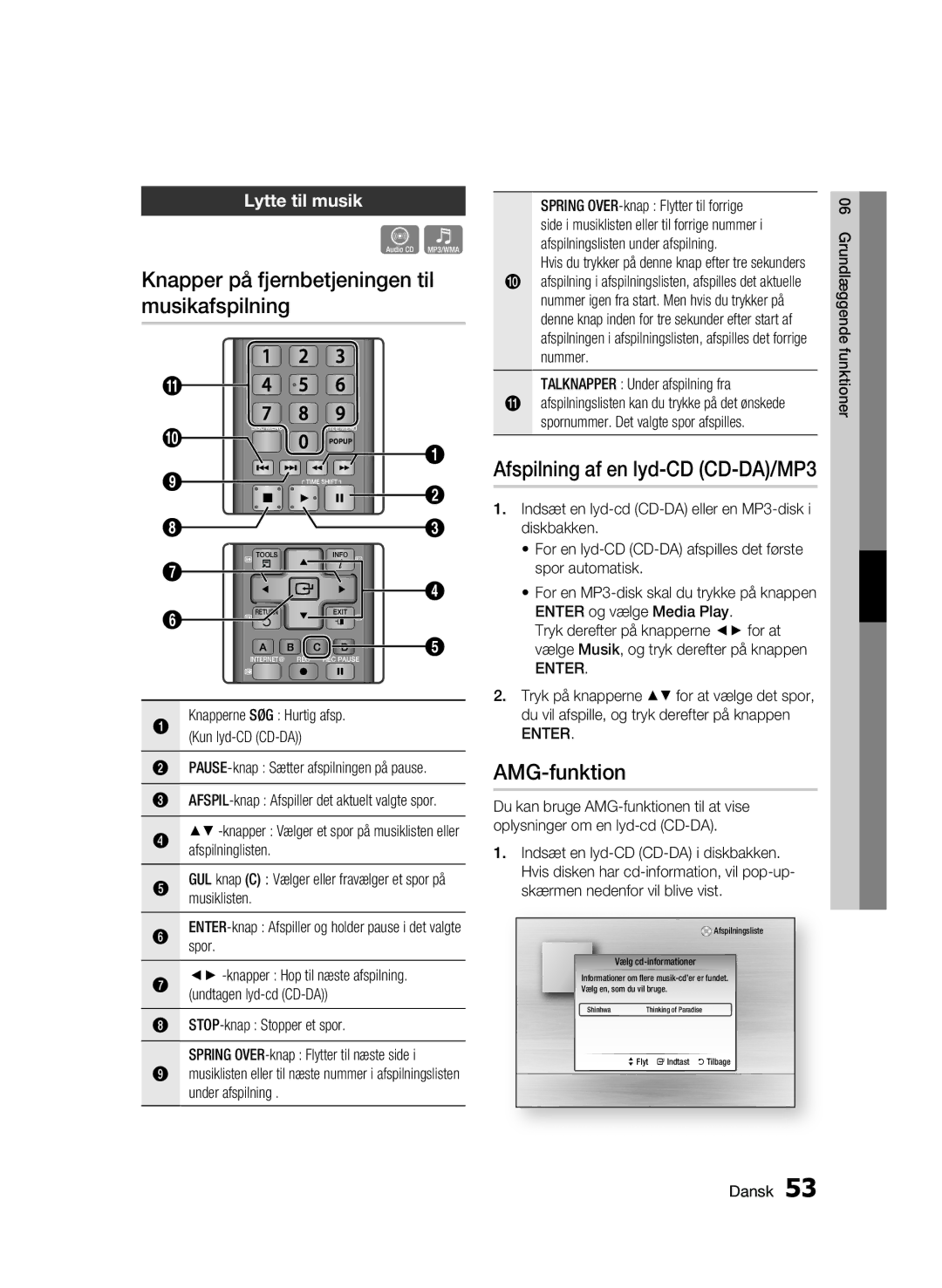 Samsung BD-C8900/XEE manual Knapper på fjernbetjeningen til musikafspilning, AMG-funktion, Lytte til musik 