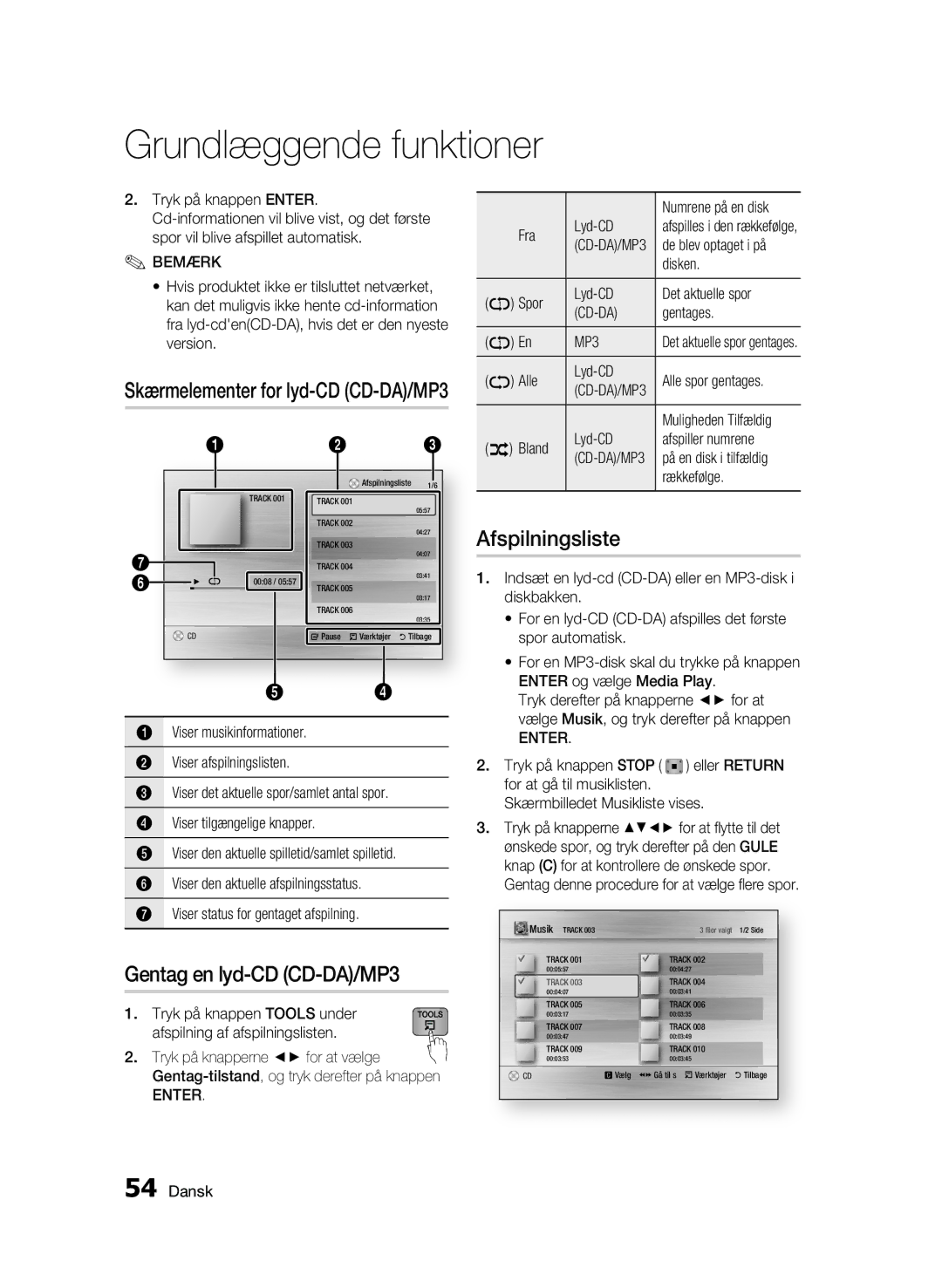 Samsung BD-C8900/XEE manual Gentag en lyd-CD CD-DA/MP3, Afspilningsliste, Skærmelementer for lyd-CD CD-DA/MP3, Cd-Da 