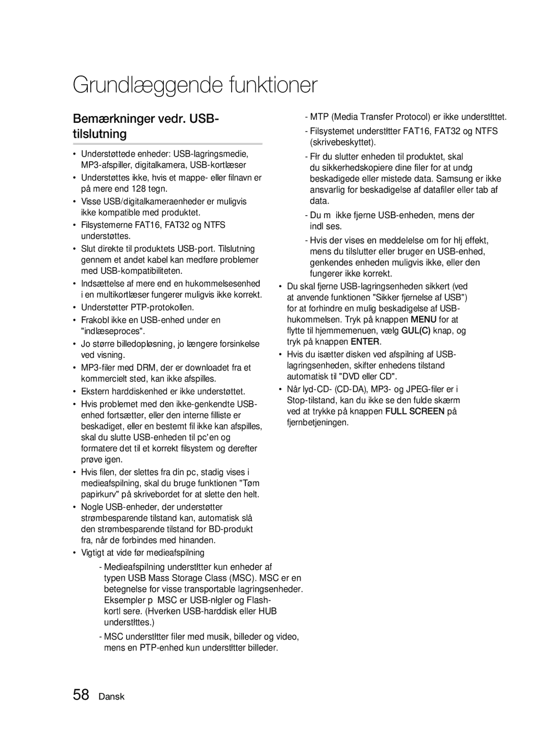 Samsung BD-C8900/XEE manual Bemærkninger vedr. USB- tilslutning, Vigtigt at vide før medieafspilning 