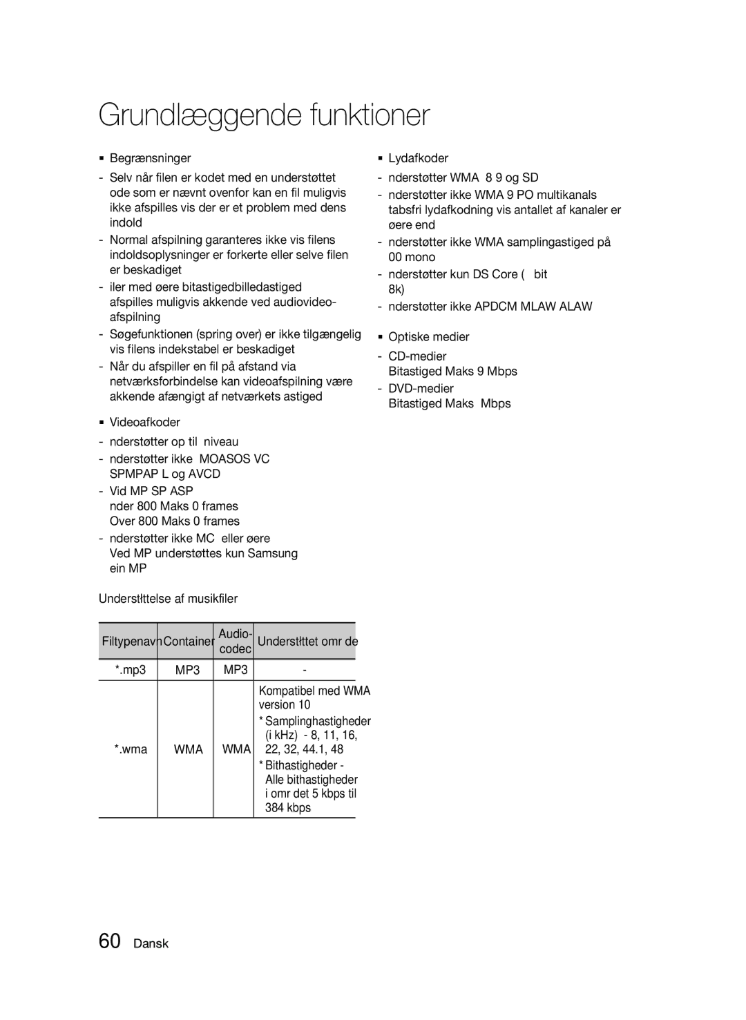 Samsung BD-C8900/XEE manual Understøttelse af musikfiler, Version, 22, 32, 44.1, Bithastigheder, Kbps 