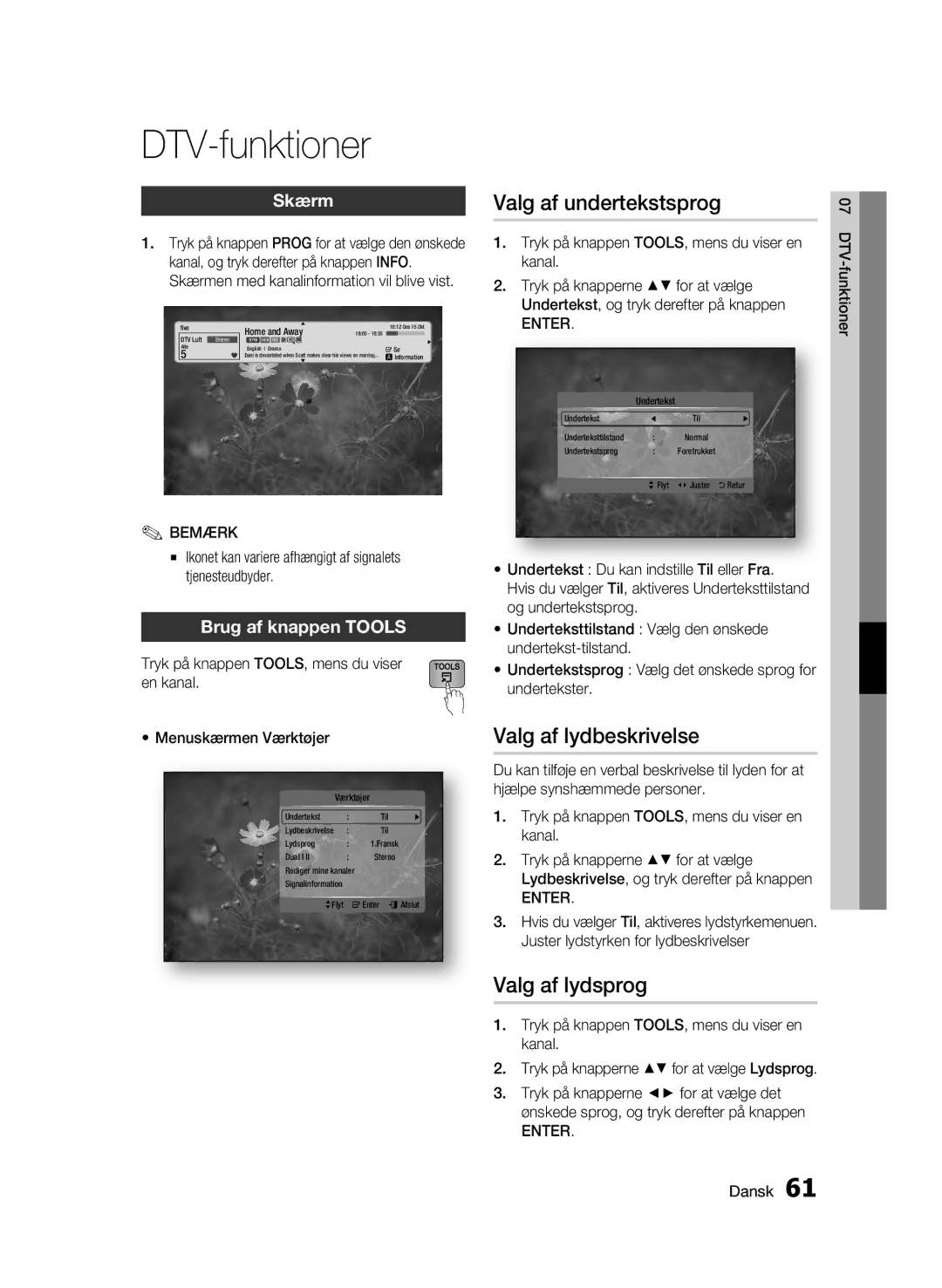 Samsung BD-C8900/XEE manual DTV-funktioner, Valg af lydbeskrivelse, Skærm, Tryk på knappen TOOLS, mens du viser en kanal 