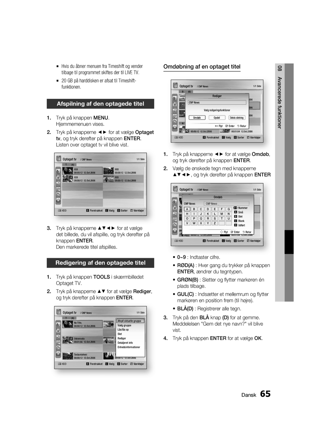 Samsung BD-C8900/XEE manual Afspilning af den optagede titel, Redigering af den optagede titel 