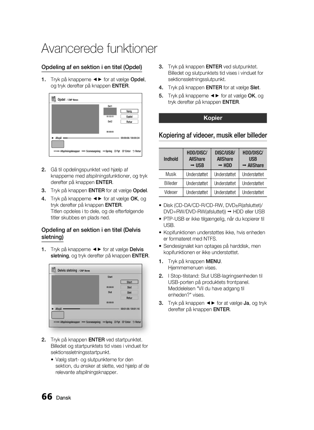 Samsung BD-C8900/XEE manual Kopiering af videoer, musik eller billeder, Opdeling af en sektion i en titel Opdel, Usb Hdd 