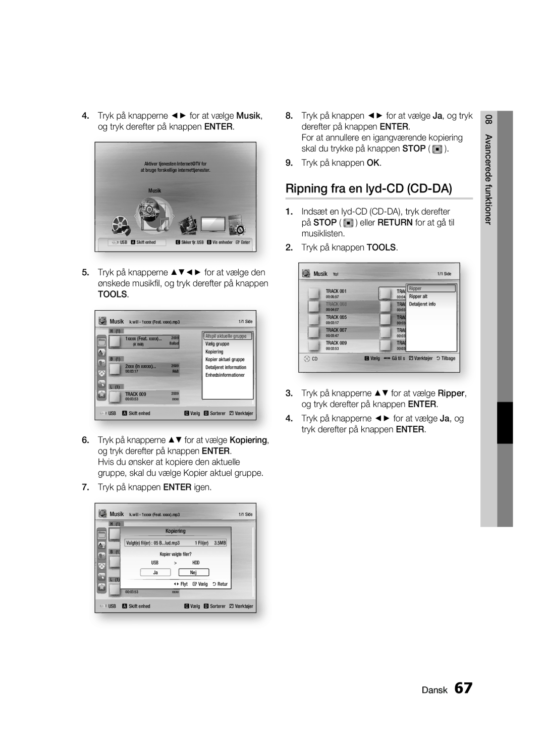 Samsung BD-C8900/XEE Ripning fra en lyd-CD CD-DA, Tryk på knappen OK, Og tryk derefter på knappen Enter, Musik Yo 