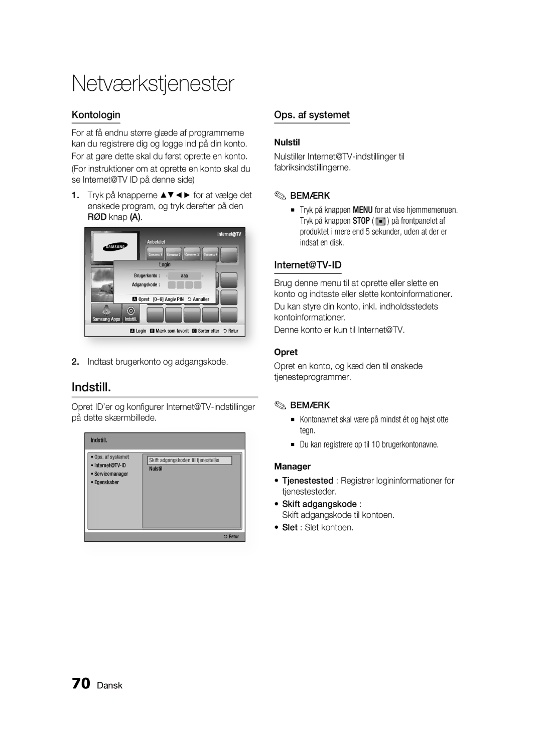 Samsung BD-C8900/XEE manual Indstill, Kontologin, Ops. af systemet, Internet@TV-ID 