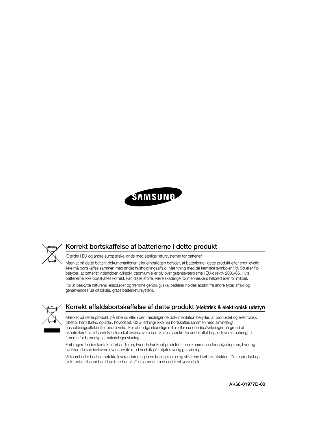 Samsung BD-C8900/XEE manual Korrekt bortskaffelse af batterierne i dette produkt 