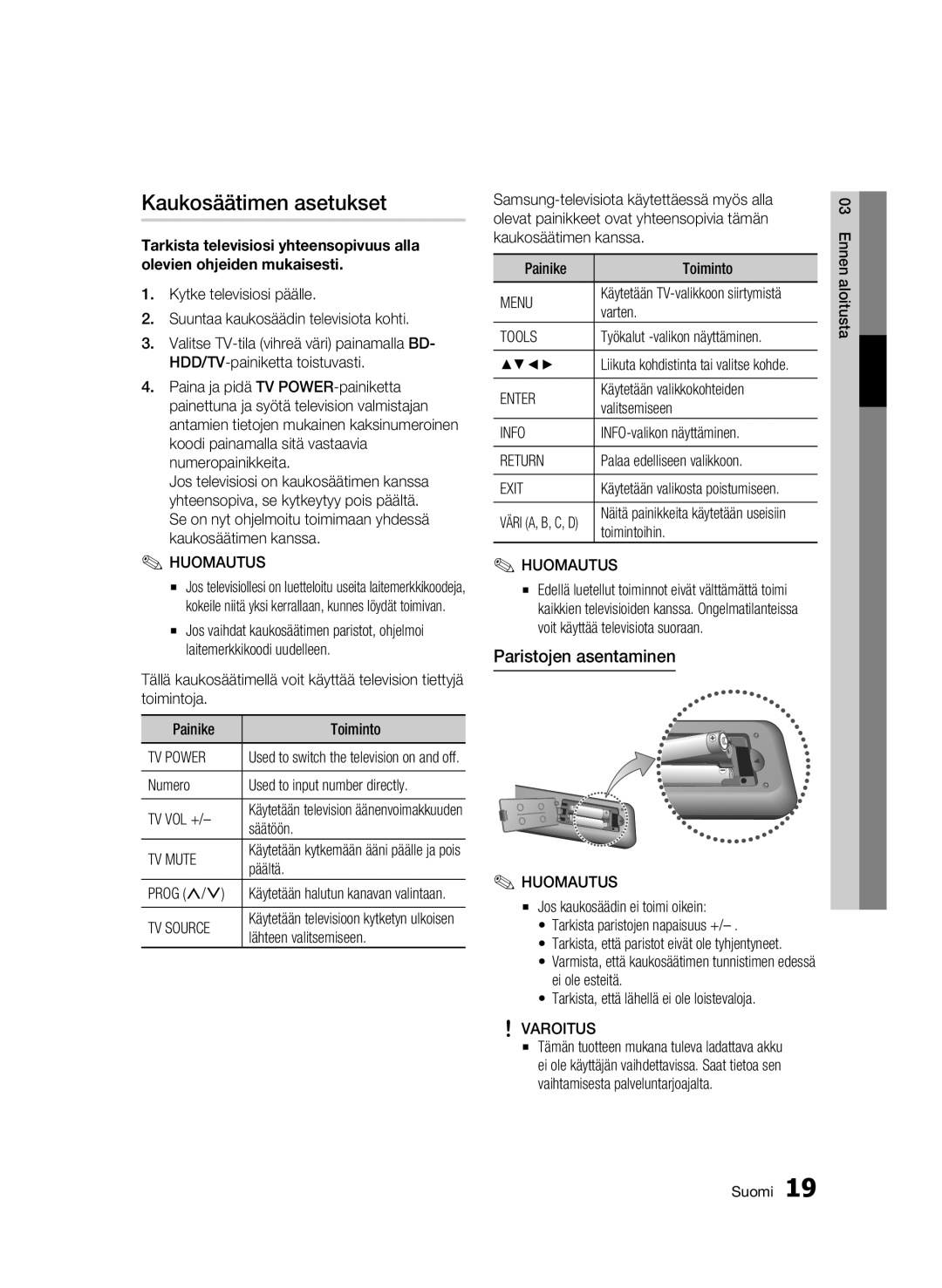 Samsung BD-C8900/XEE manual Kaukosäätimen asetukset, Paristojen asentaminen 