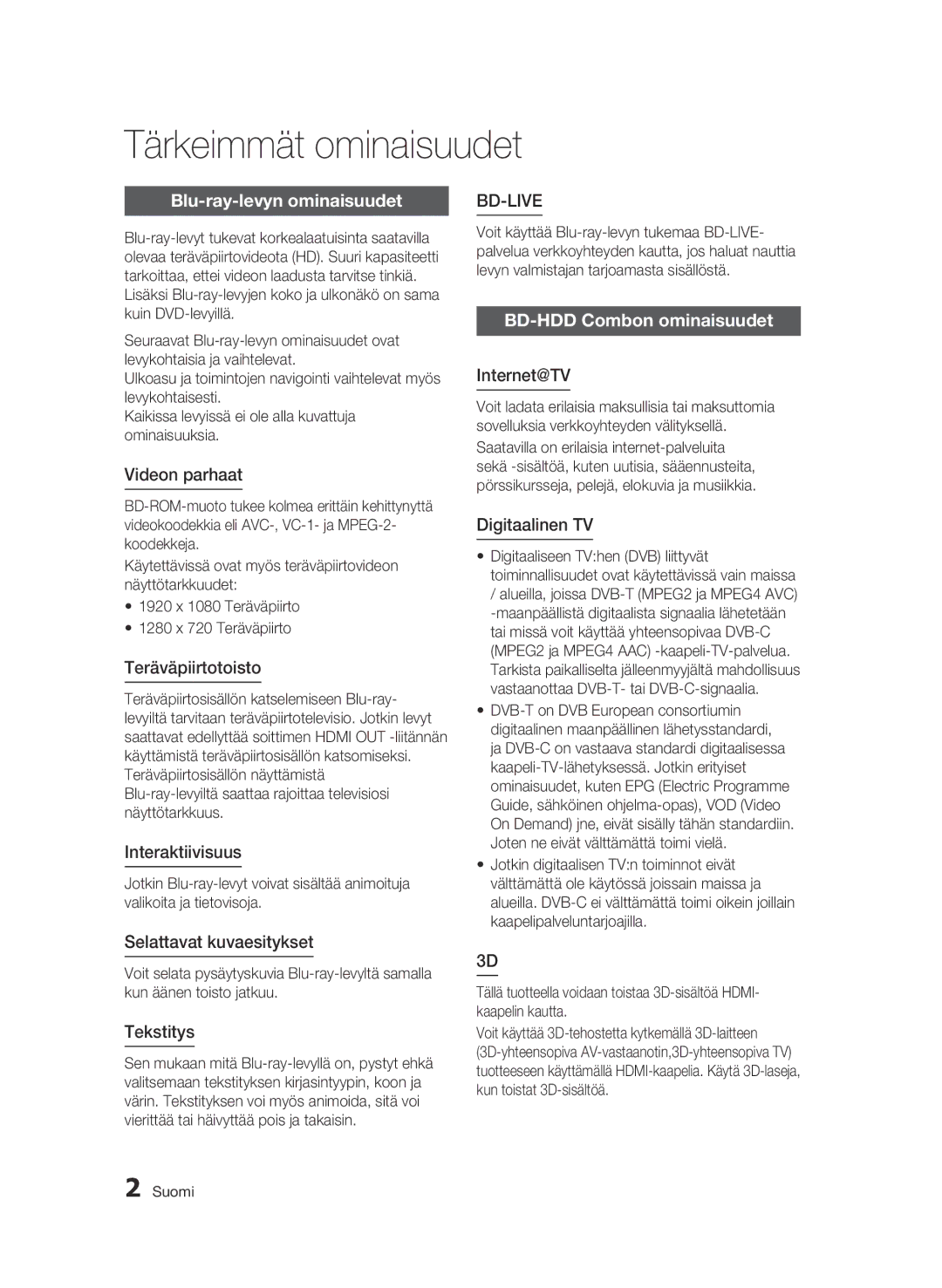 Samsung BD-C8900/XEE manual Tärkeimmät ominaisuudet, Blu-ray-levyn ominaisuudet, BD-HDD Combon ominaisuudet 