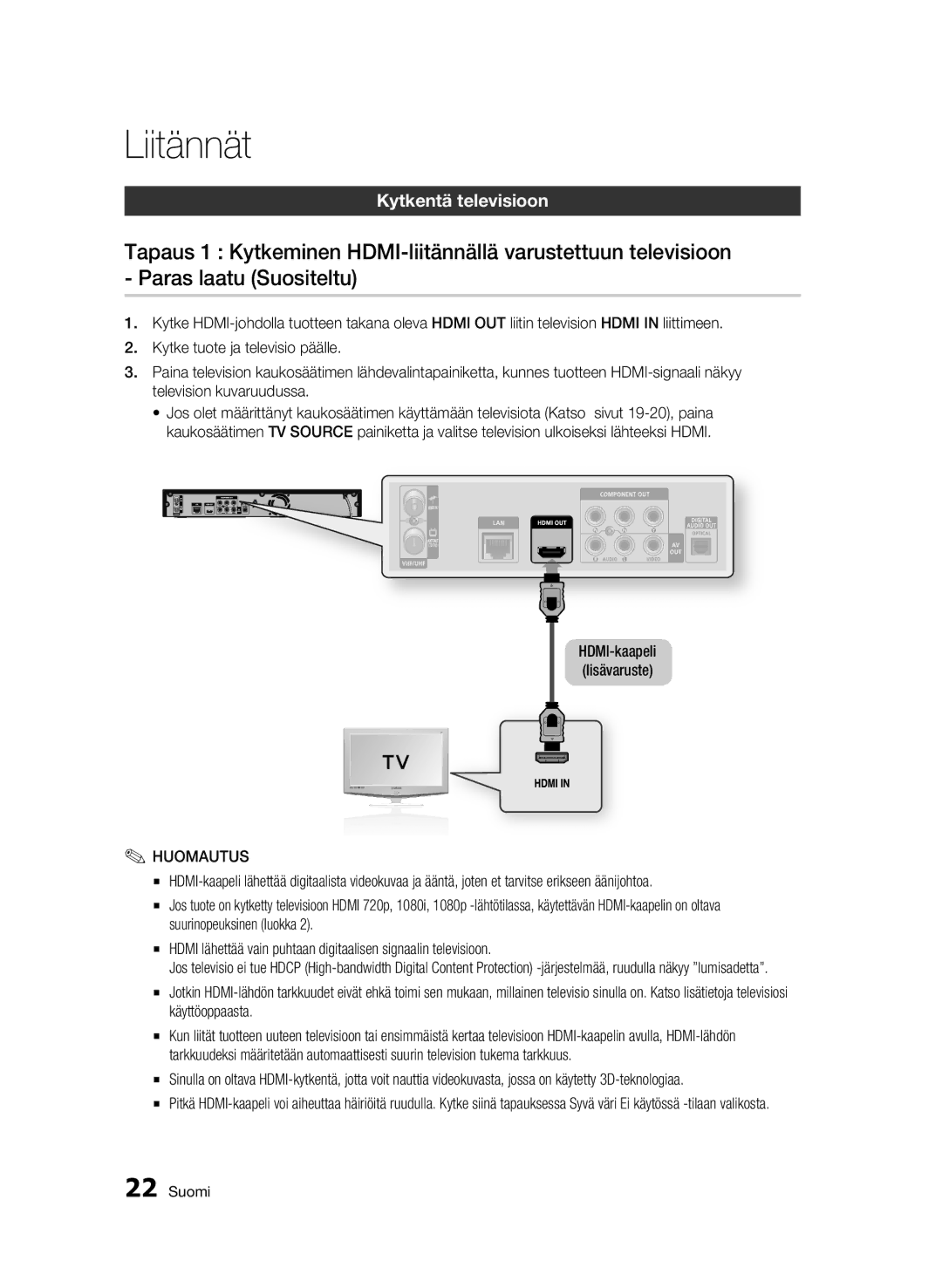 Samsung BD-C8900/XEE manual Kytkentä televisioon 