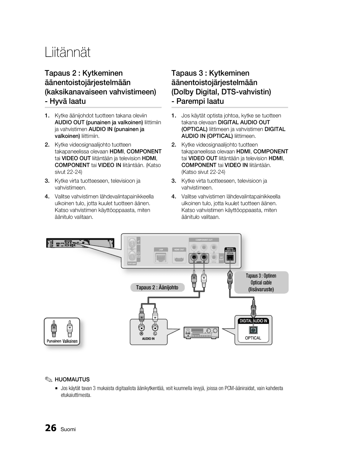 Samsung BD-C8900/XEE manual Tapaus 2 Äänijohto Tapaus 3 Optinen 