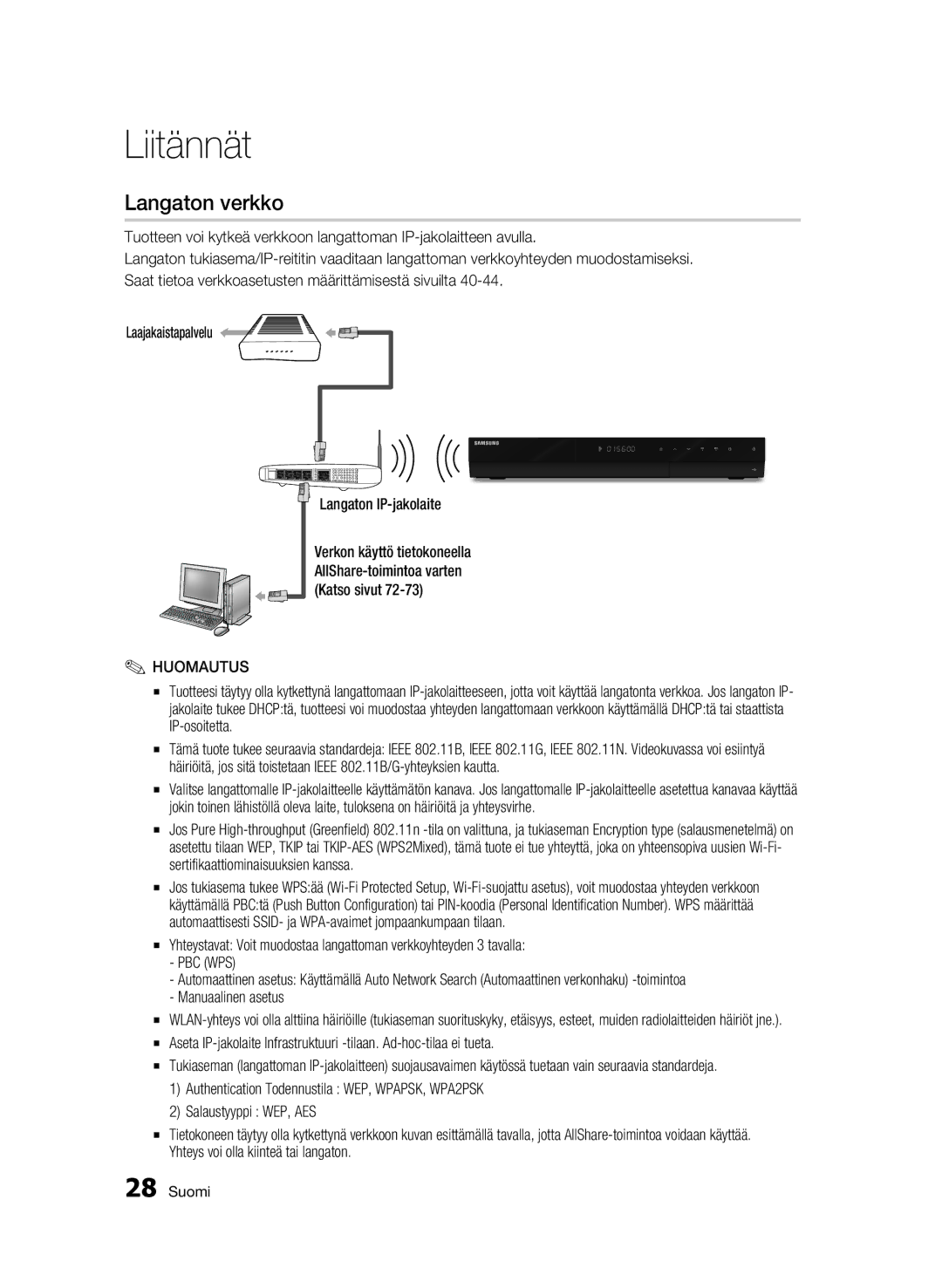 Samsung BD-C8900/XEE manual Langaton verkko, Pbc Wps 