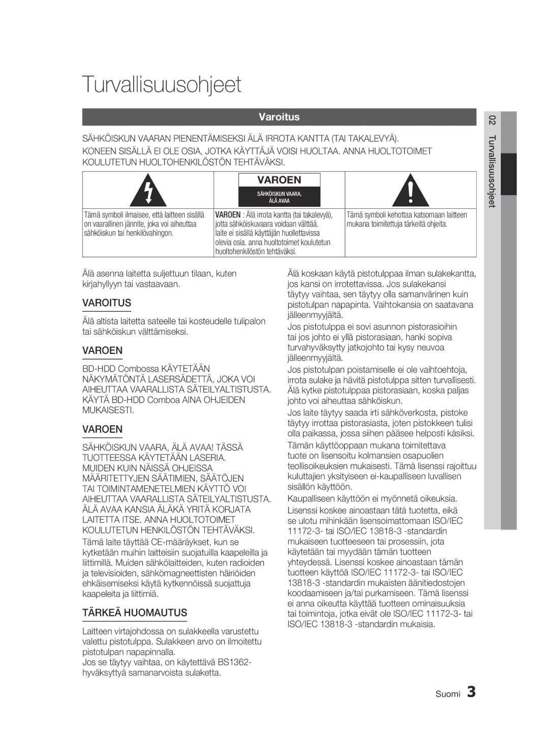 Samsung BD-C8900/XEE manual Turvallisuusohjeet, Varoitus 