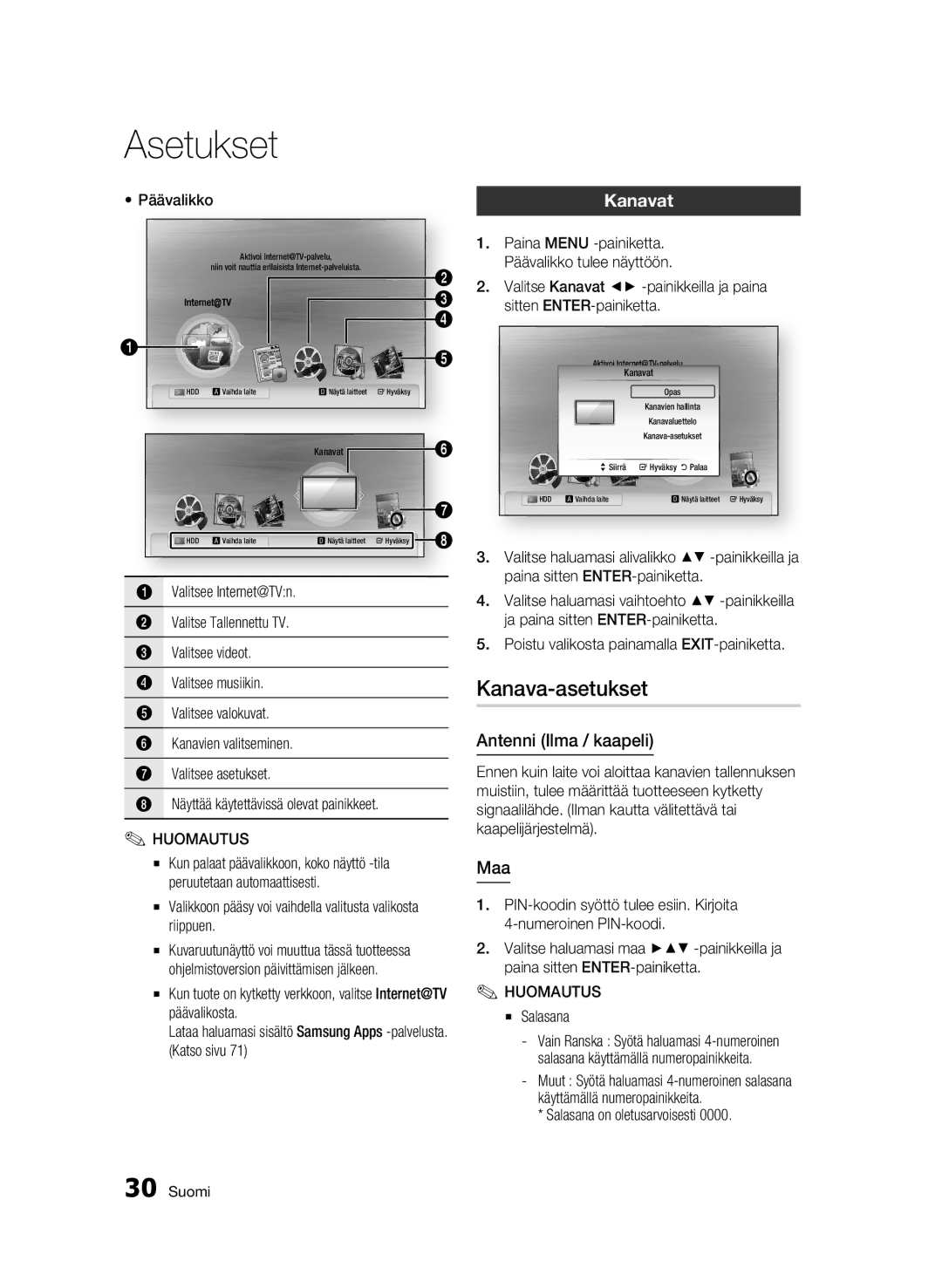 Samsung BD-C8900/XEE manual Kanava-asetukset, Kanavat, Antenni Ilma / kaapeli, Maa 