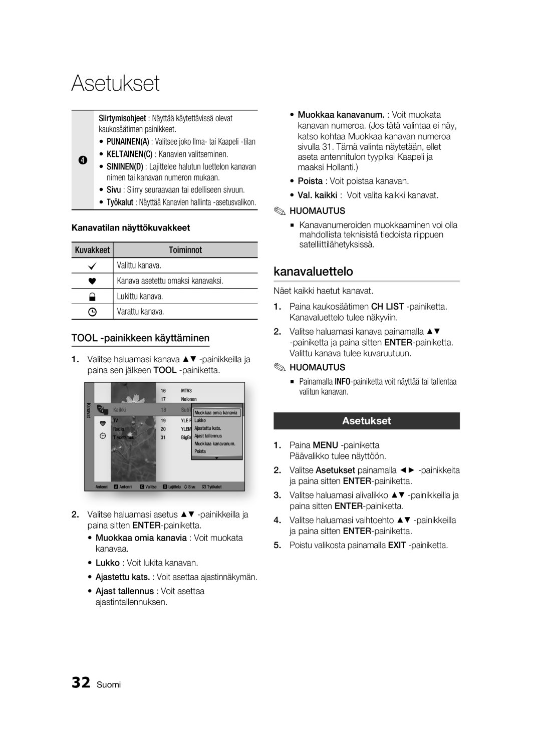 Samsung BD-C8900/XEE manual Kanavaluettelo, Tool -painikkeen käyttäminen, Asetukset, Kanavatilan näyttökuvakkeet 