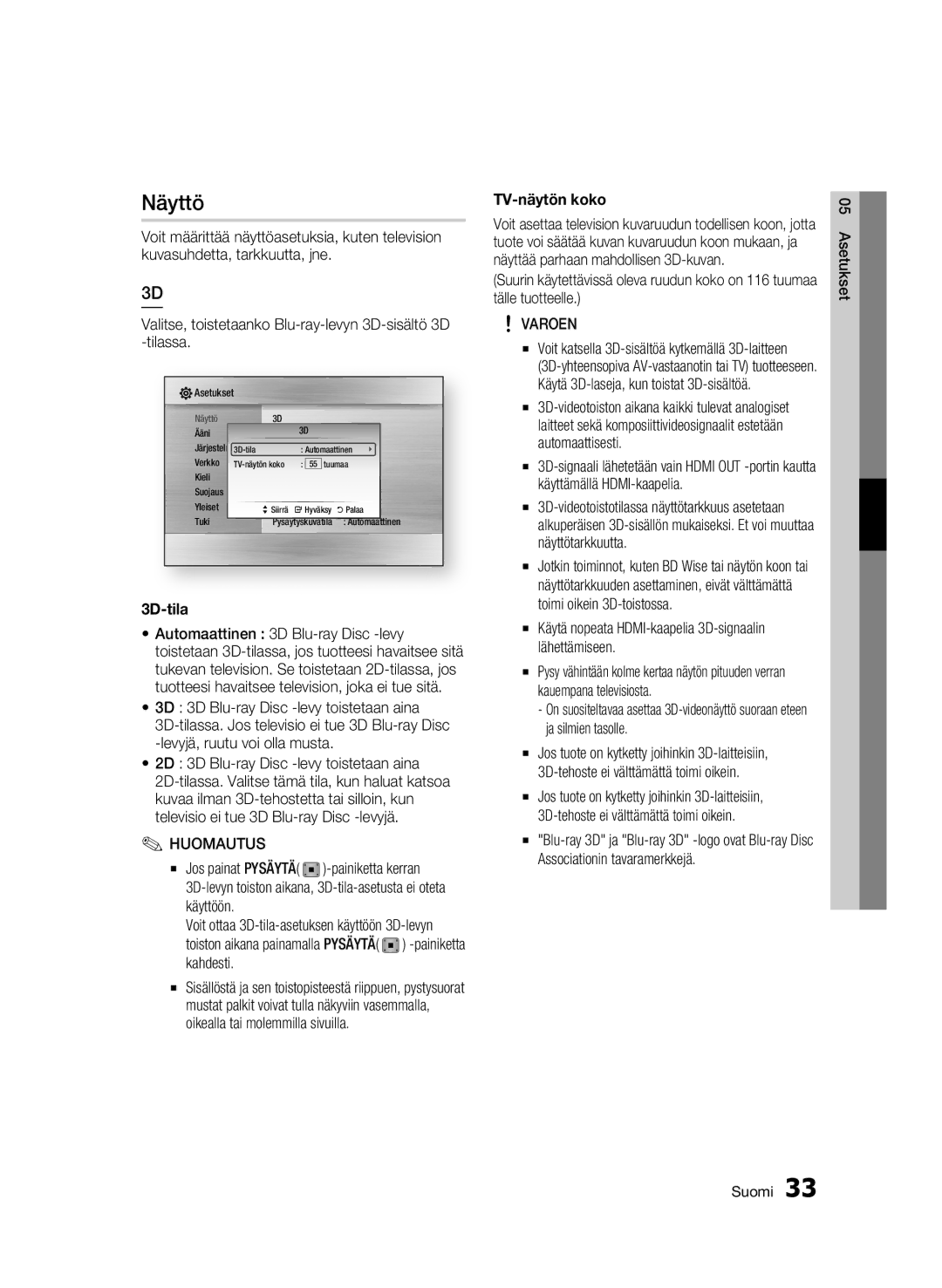 Samsung BD-C8900/XEE manual Näyttö, 3D-tila, TV-näytön koko, Varoen 