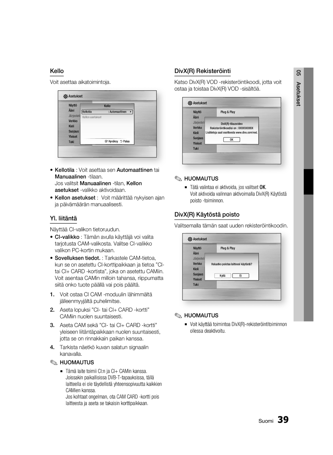 Samsung BD-C8900/XEE manual Kello, Yl. liitäntä, DivXR Rekisteröinti, DivXR Käytöstä poisto 