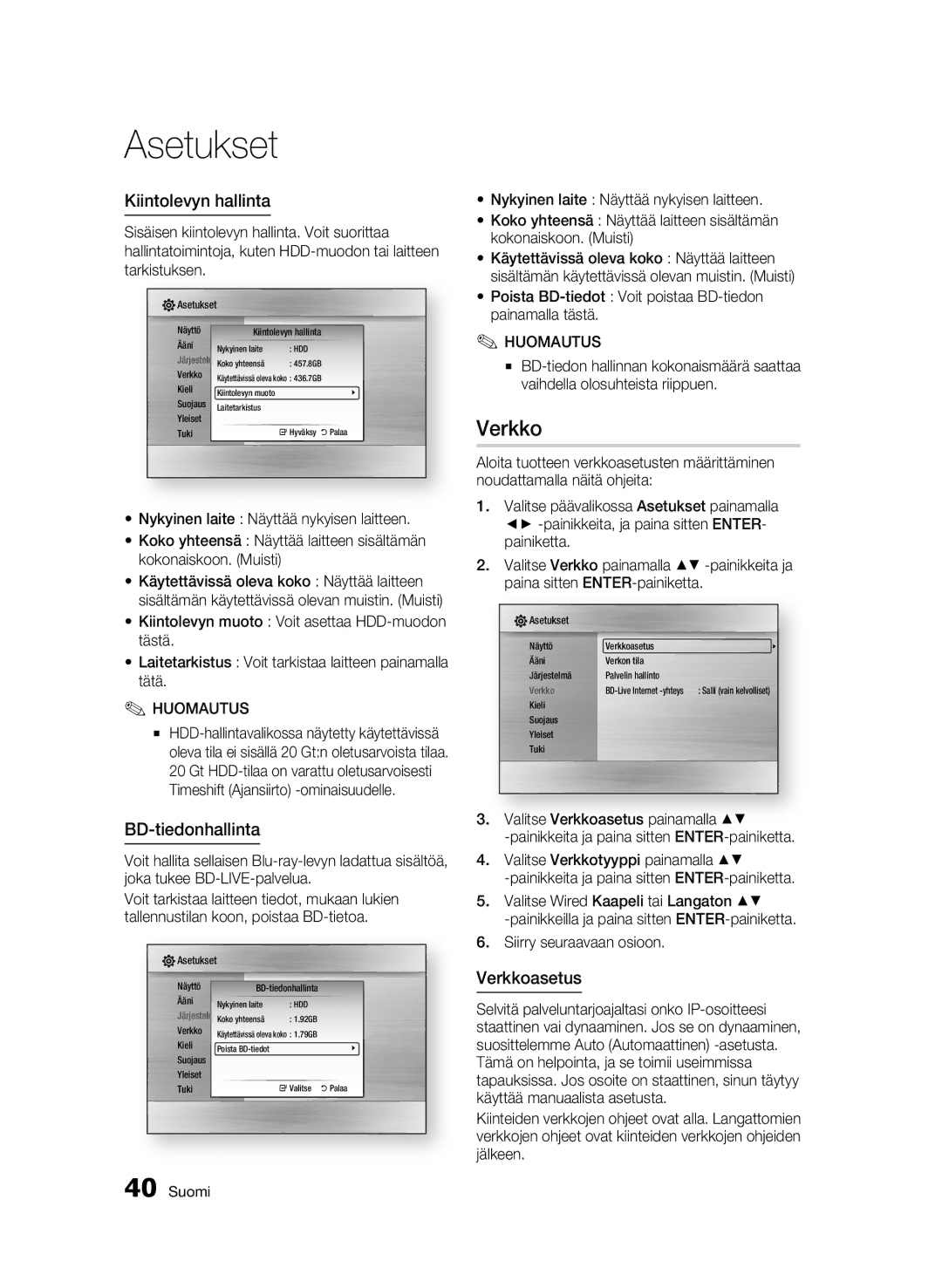 Samsung BD-C8900/XEE manual Kiintolevyn hallinta, BD-tiedonhallinta, Verkkoasetus 