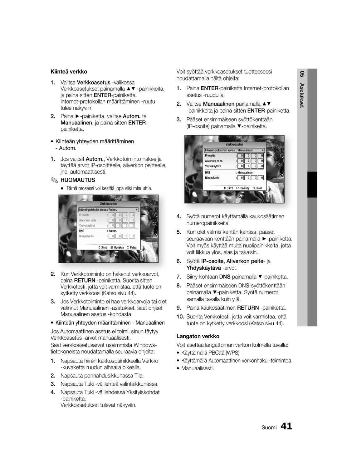 Samsung BD-C8900/XEE manual Kiinteä verkko, Syötä numerot käyttämällä kaukosäätimen numeropainikkeita, Langaton verkko 