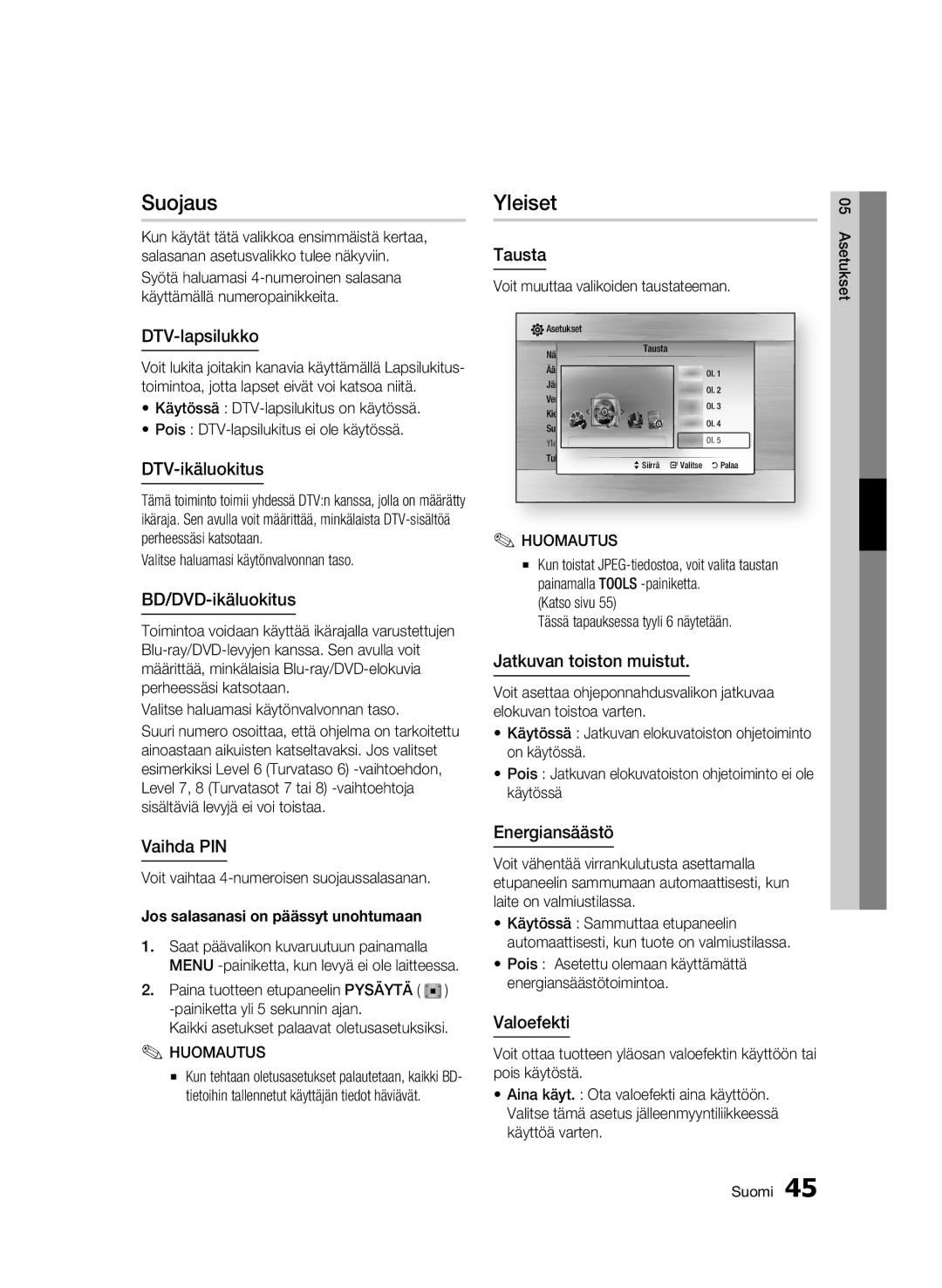 Samsung BD-C8900/XEE manual Suojaus, Yleiset 