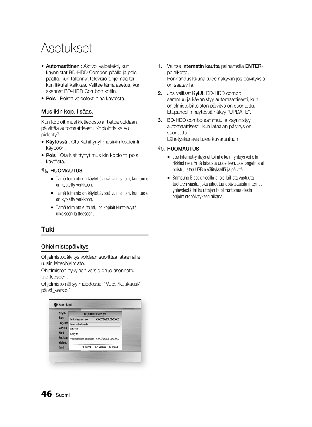 Samsung BD-C8900/XEE manual Tuki, Musiikin kop. lisäas, Ohjelmistopäivitys, Pois Poista valoefekti aina käytöstä 