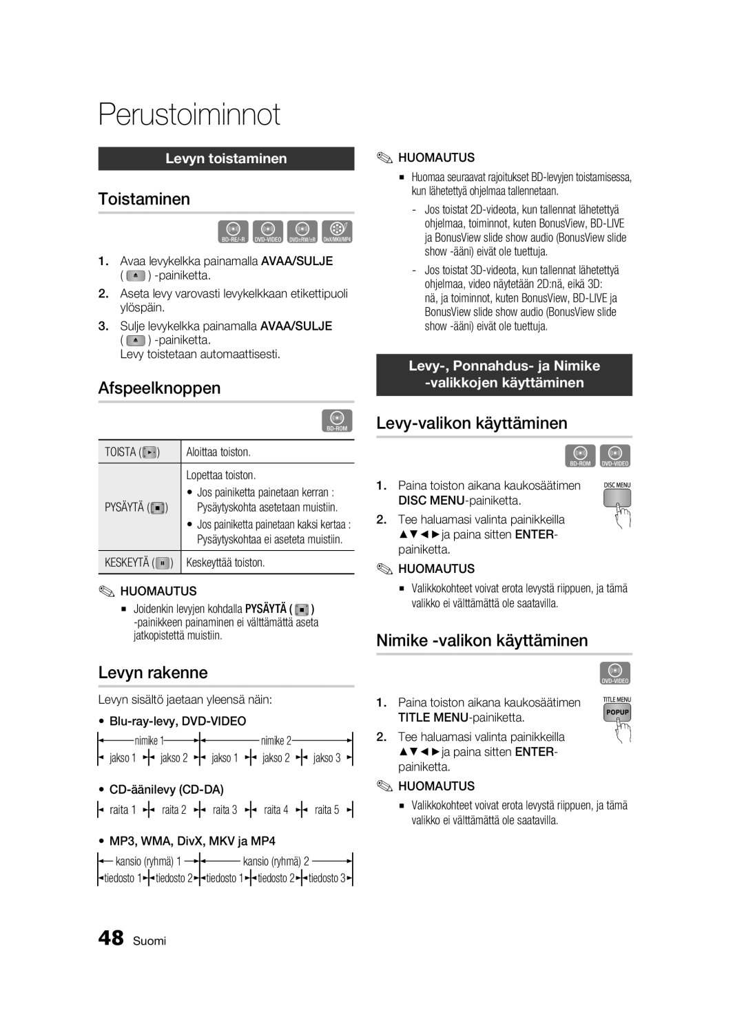 Samsung BD-C8900/XEE manual Perustoiminnot 