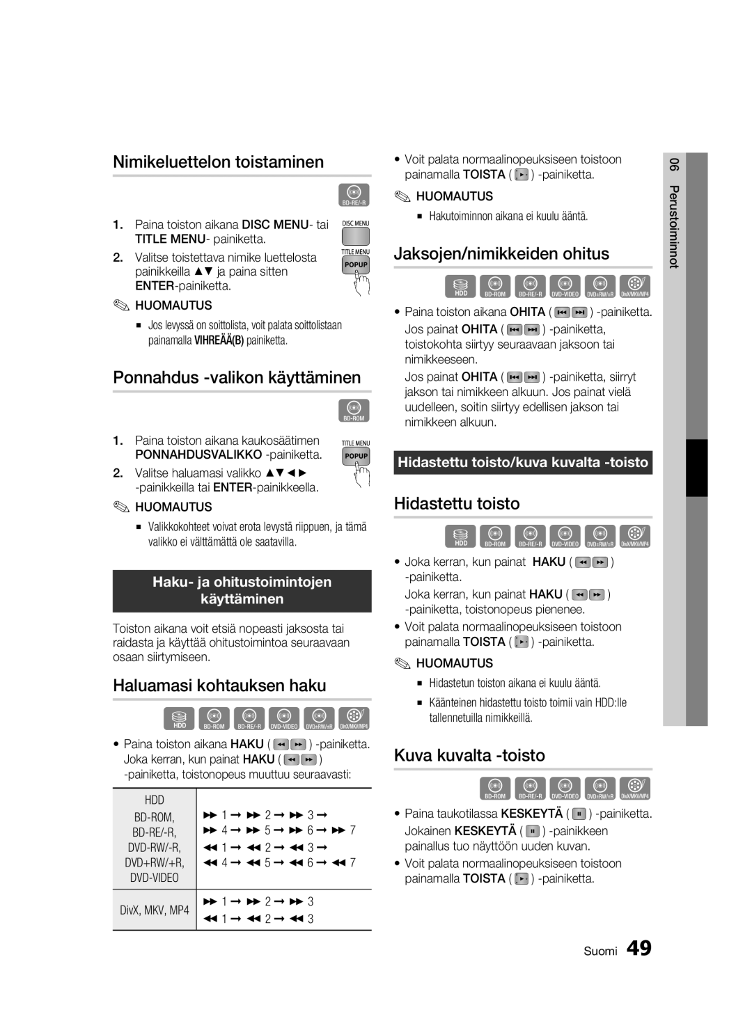 Samsung BD-C8900/XEE manual Nimikeluettelon toistaminen, Ponnahdus -valikon käyttäminen, Haluamasi kohtauksen haku 