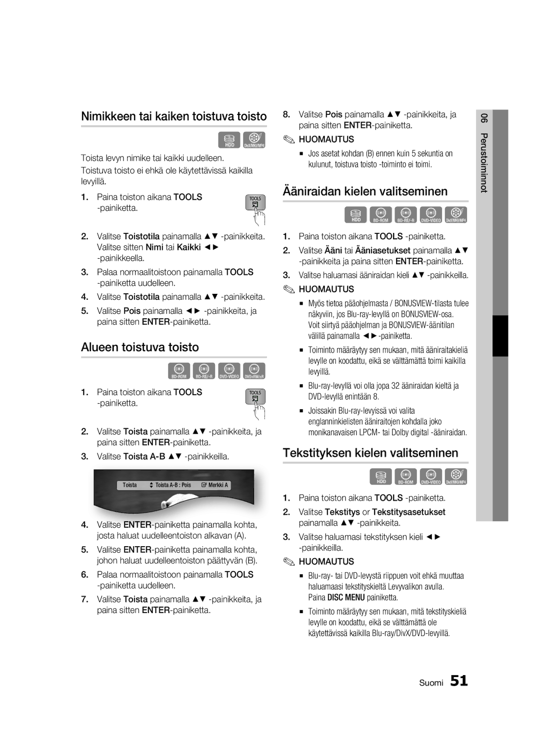 Samsung BD-C8900/XEE manual Nimikkeen tai kaiken toistuva toisto, Alueen toistuva toisto, Ääniraidan kielen valitseminen 