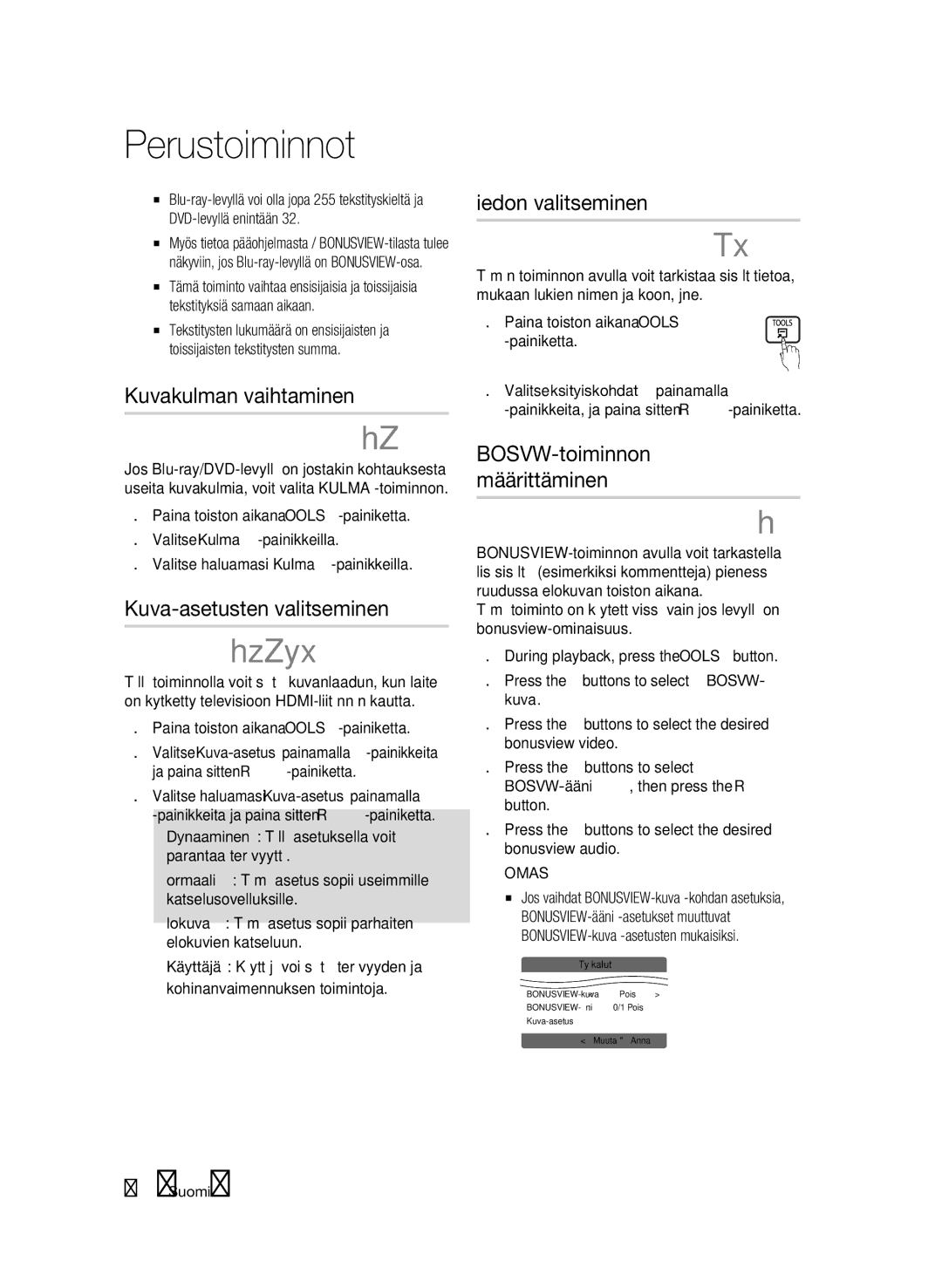 Samsung BD-C8900/XEE manual Kuvakulman vaihtaminen, Kuva-asetusten valitseminen, Tiedon valitseminen 