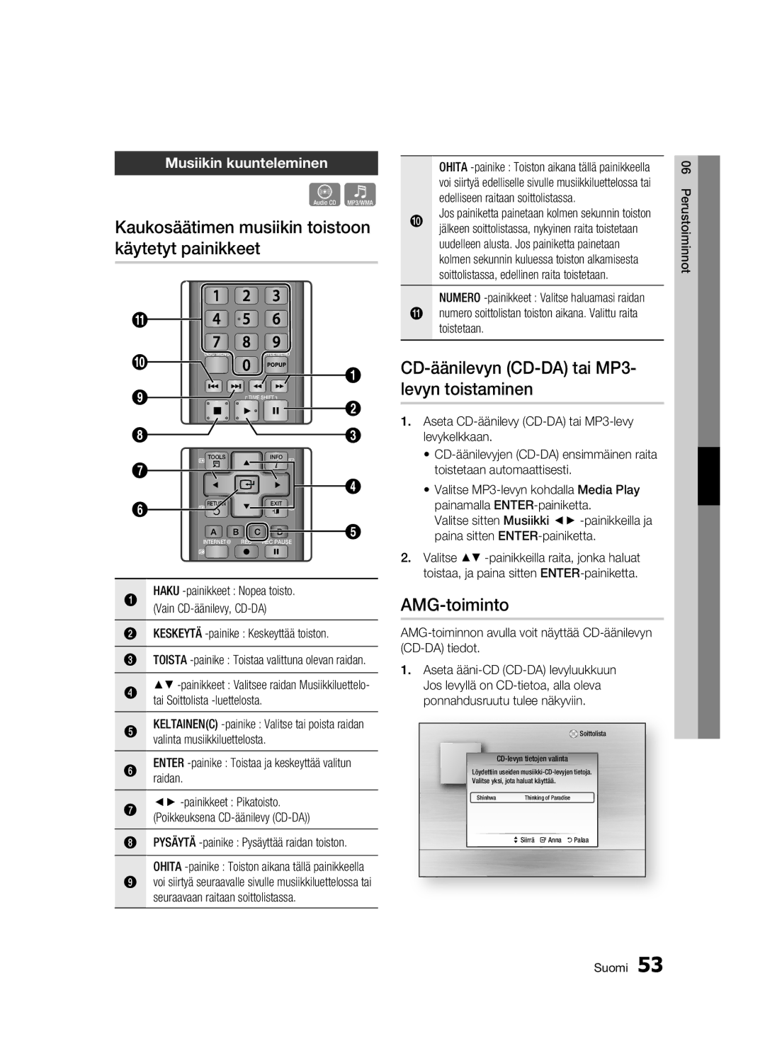 Samsung BD-C8900/XEE Kaukosäätimen musiikin toistoon käytetyt painikkeet, CD-äänilevyn CD-DA tai MP3- levyn toistaminen 