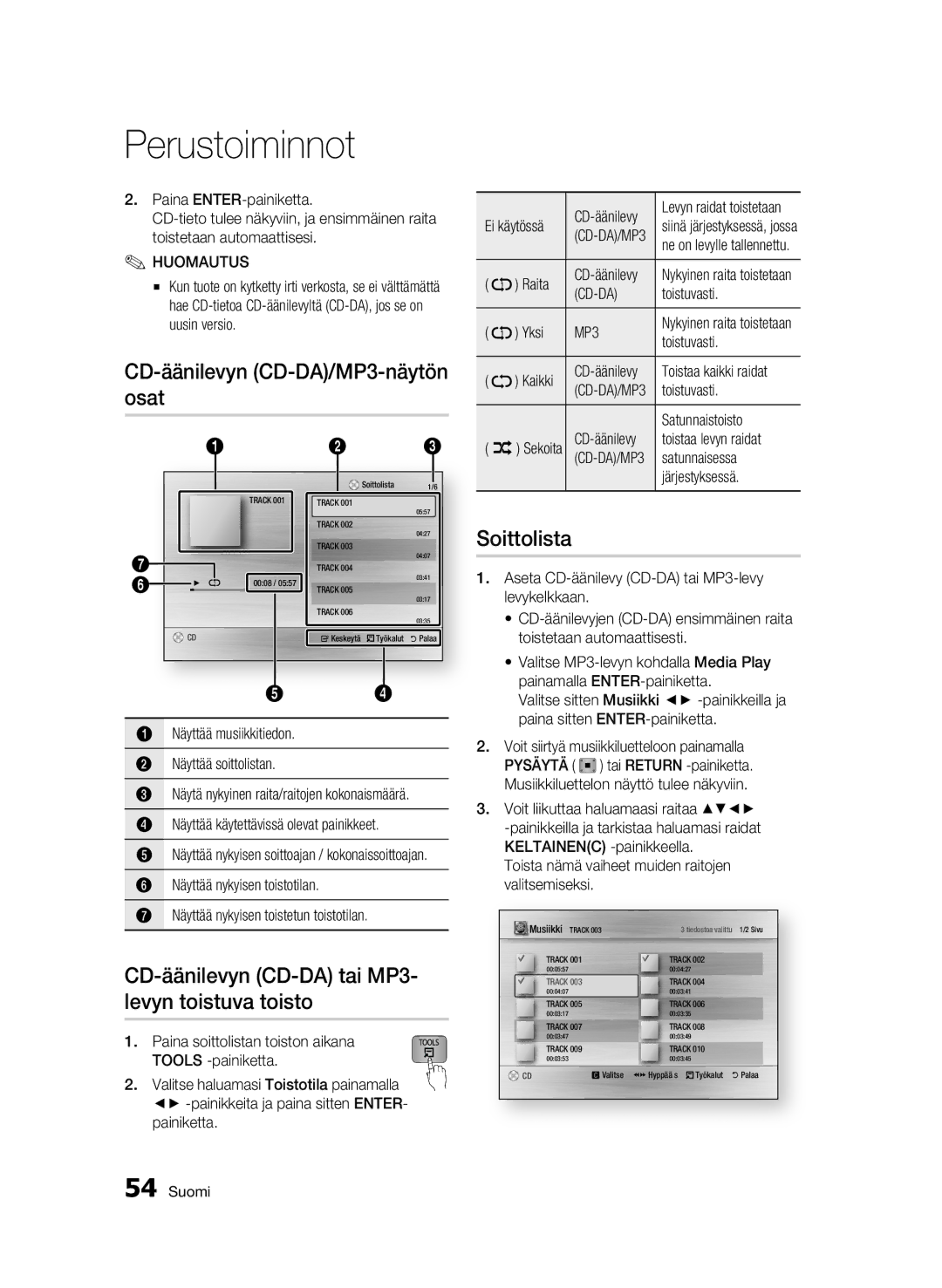 Samsung BD-C8900/XEE manual Osat, CD-äänilevyn CD-DA tai MP3- levyn toistuva toisto, Soittolista, Cd-Da 