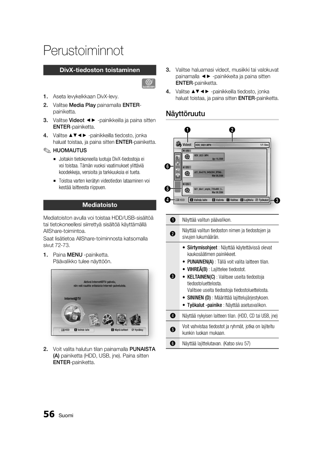 Samsung BD-C8900/XEE manual Näyttöruutu, DivX-tiedoston toistaminen, Mediatoisto, Videot 