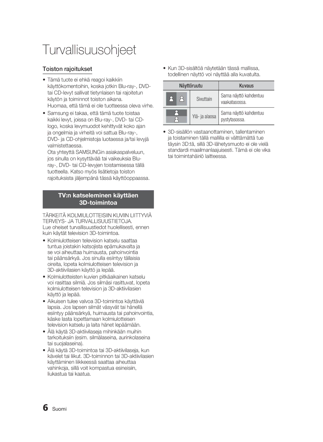 Samsung BD-C8900/XEE manual Toiston rajoitukset, TVn katseleminen käyttäen 3D-toimintoa, Näyttöruutu Kuvaus Sivuttain 