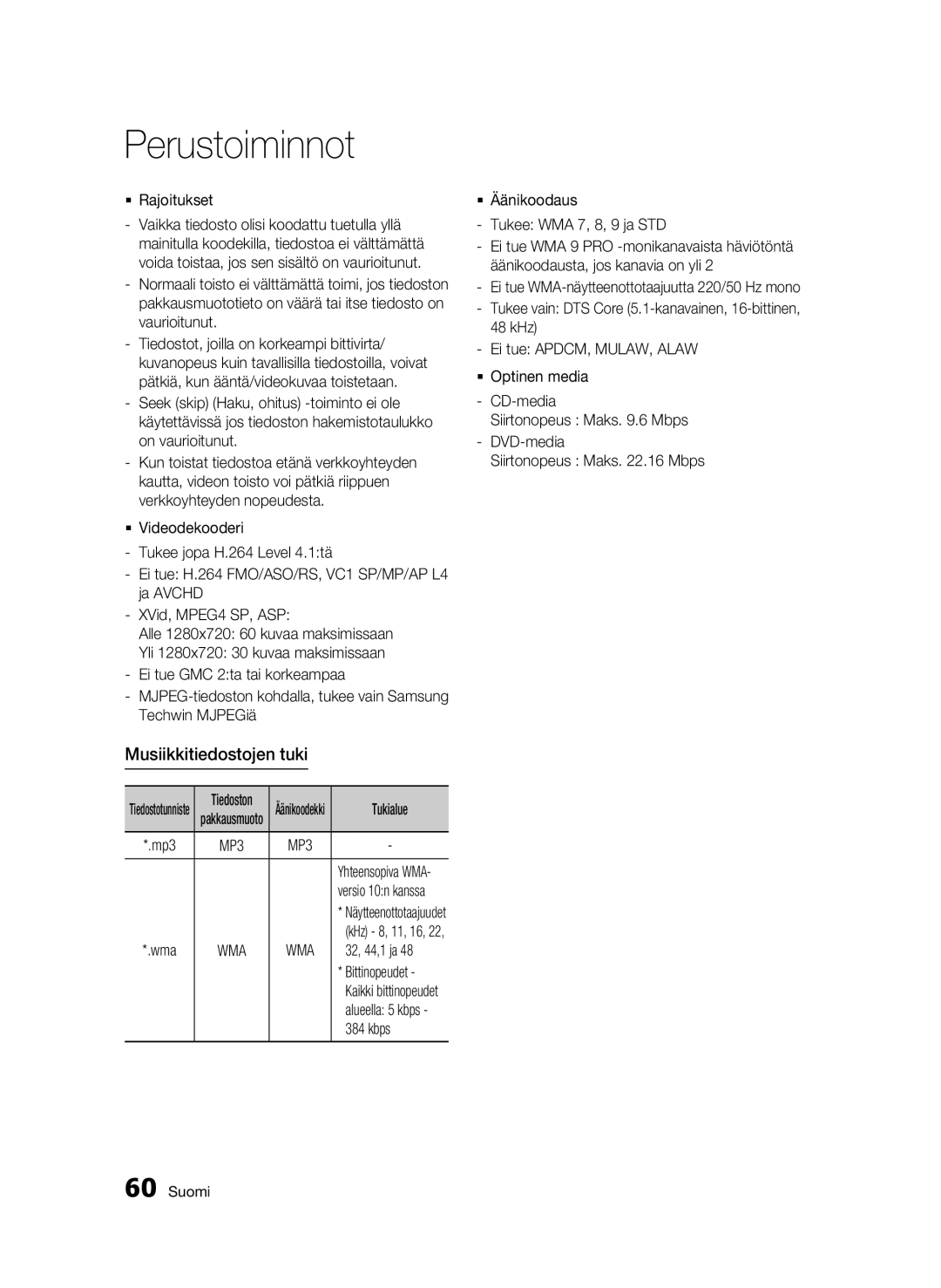 Samsung BD-C8900/XEE manual Musiikkitiedostojen tuki 