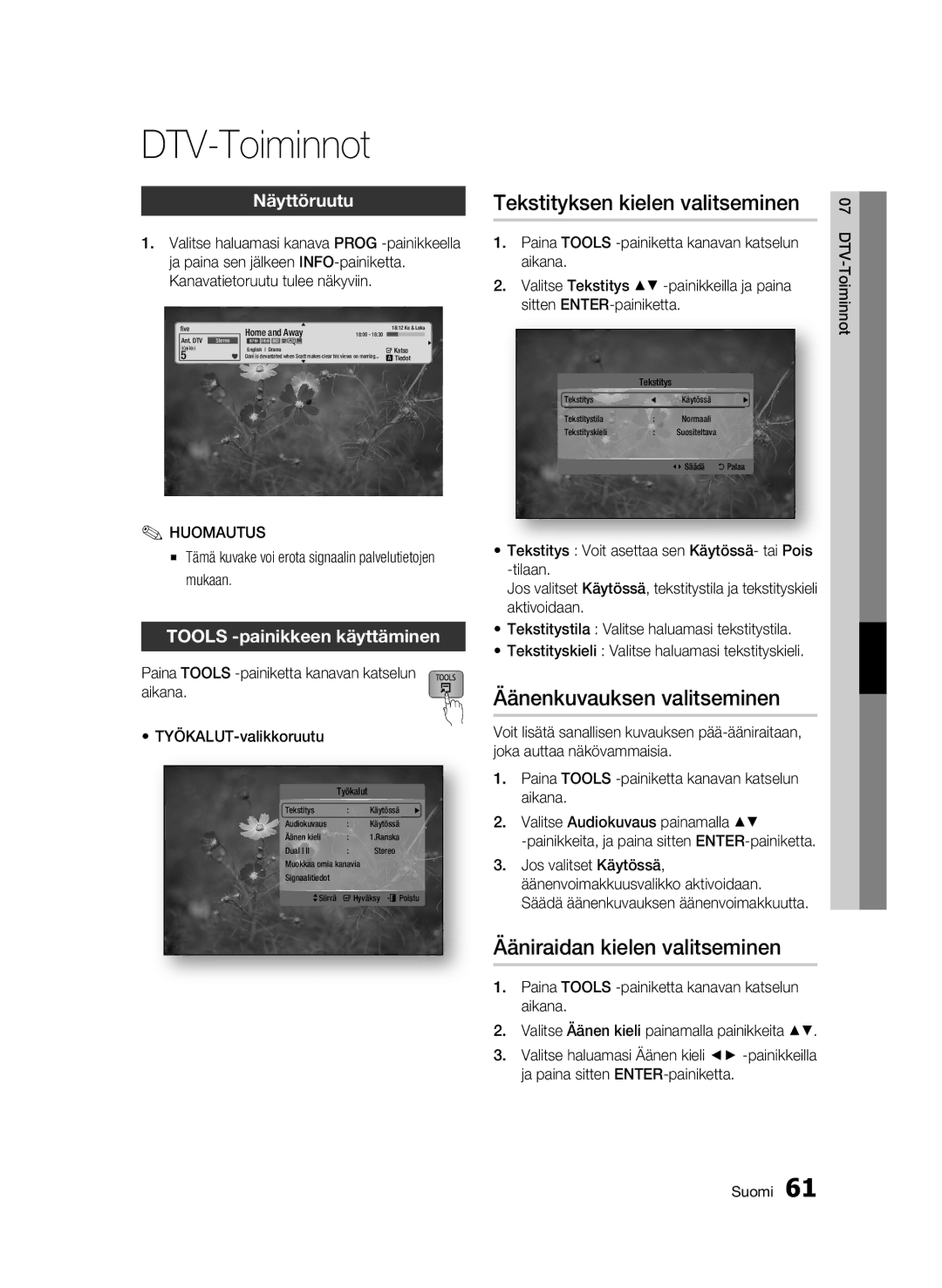 Samsung BD-C8900/XEE manual DTV-Toiminnot, Äänenkuvauksen valitseminen, Näyttöruutu 