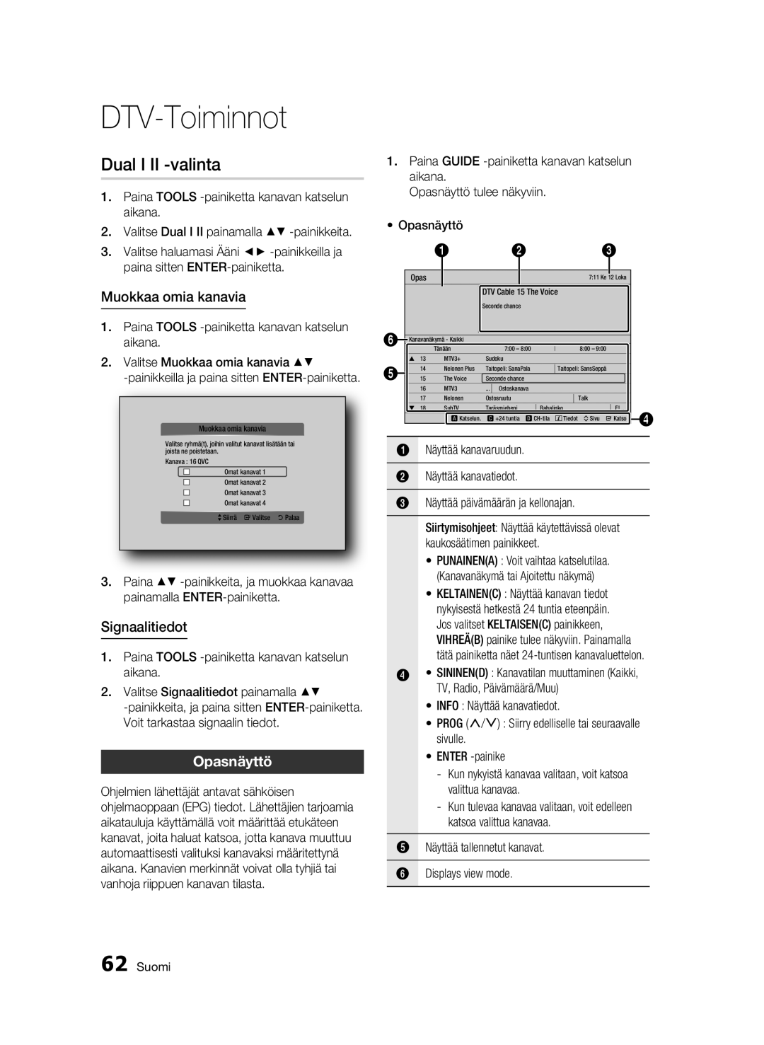 Samsung BD-C8900/XEE manual Dual I II -valinta, Muokkaa omia kanavia, Signaalitiedot, Opasnäyttö 