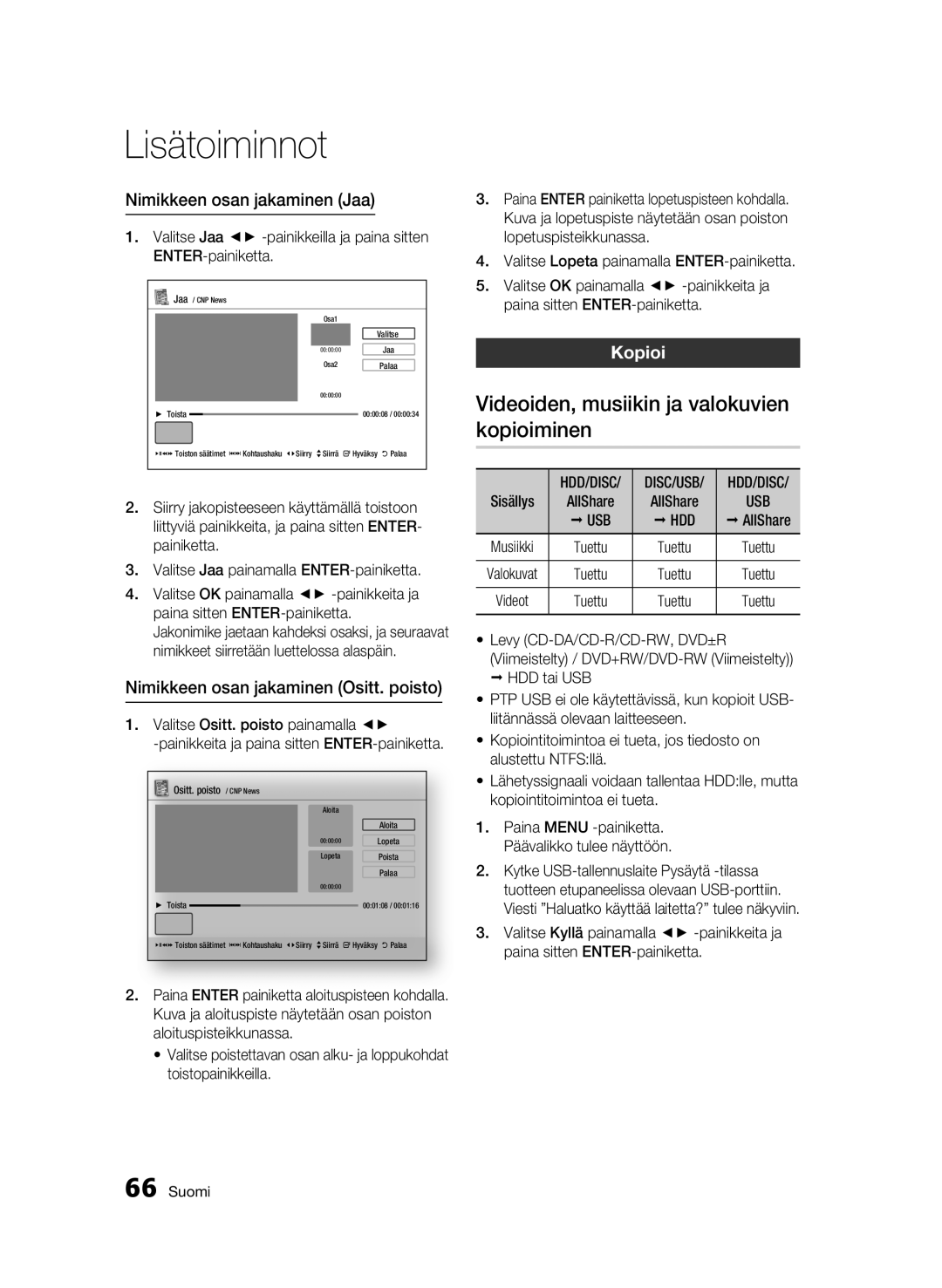 Samsung BD-C8900/XEE manual Videoiden, musiikin ja valokuvien kopioiminen, Nimikkeen osan jakaminen Jaa, Kopioi, Usb Hdd 