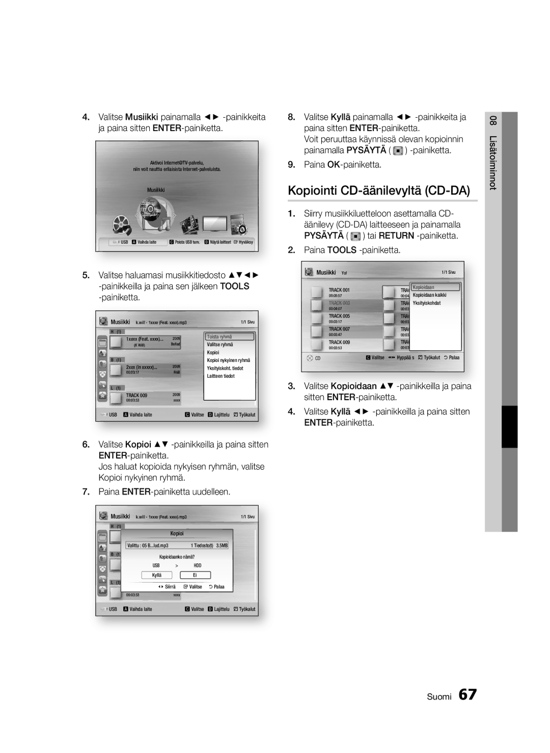 Samsung BD-C8900/XEE manual Kopiointi CD-äänilevyltä CD-DA, Pysäytä 