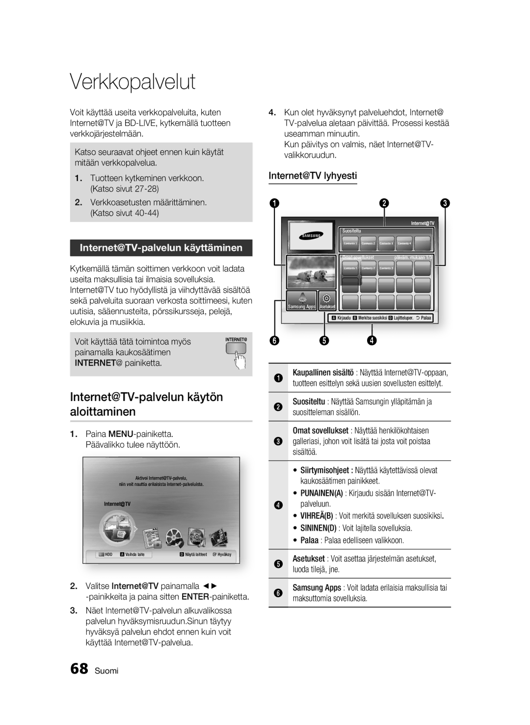 Samsung BD-C8900/XEE manual Verkkopalvelut, Internet@TV-palvelun käytön aloittaminen, Internet@TV-palvelun käyttäminen 