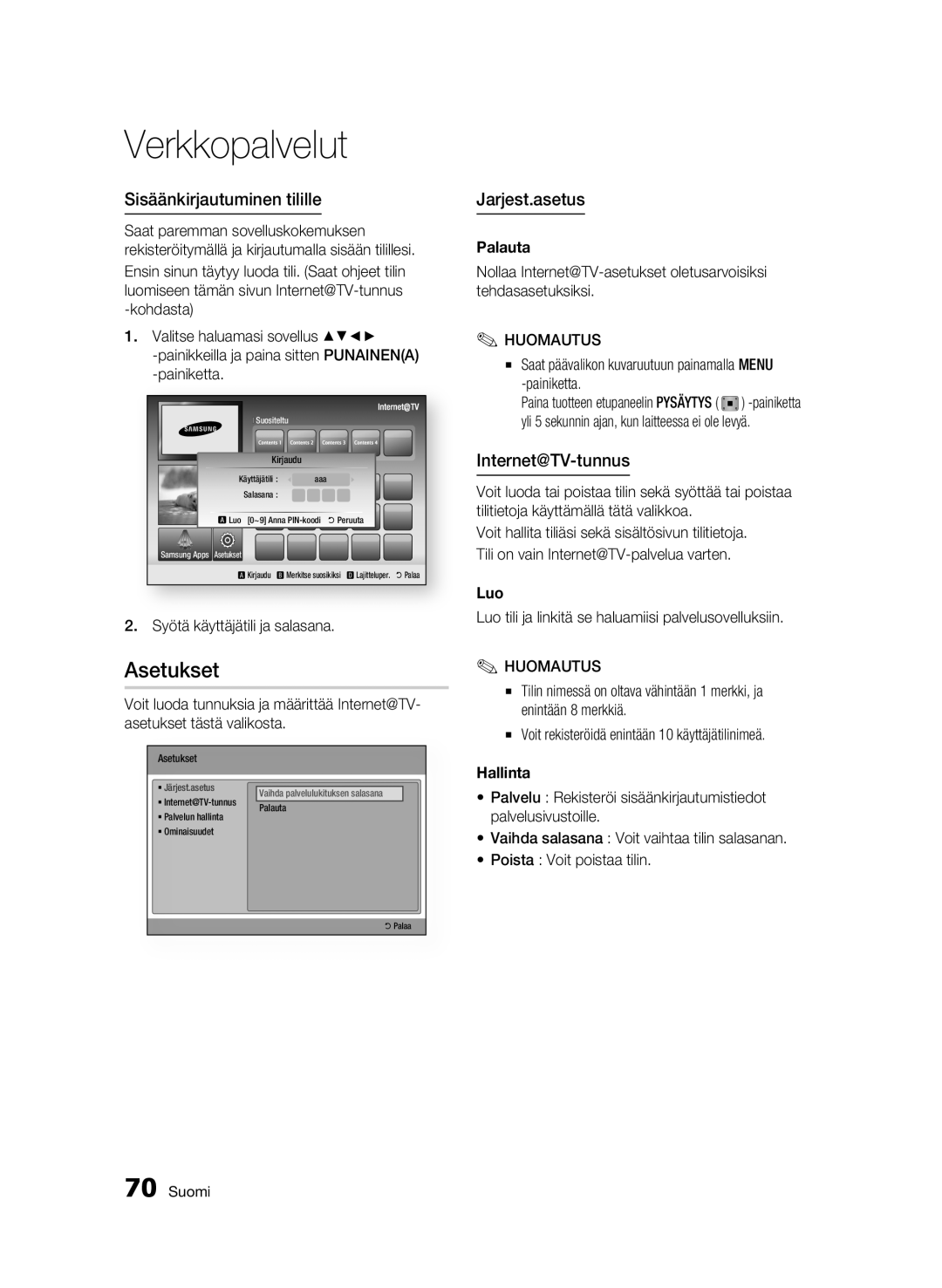 Samsung BD-C8900/XEE manual Asetukset, Sisäänkirjautuminen tilille, Jarjest.asetus, Internet@TV-tunnus 