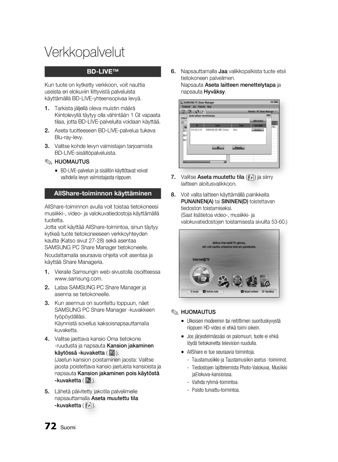 Samsung BD-C8900/XEE manual AllShare-toiminnon käyttäminen, AllShare ei tue seuraavia toimintoja 