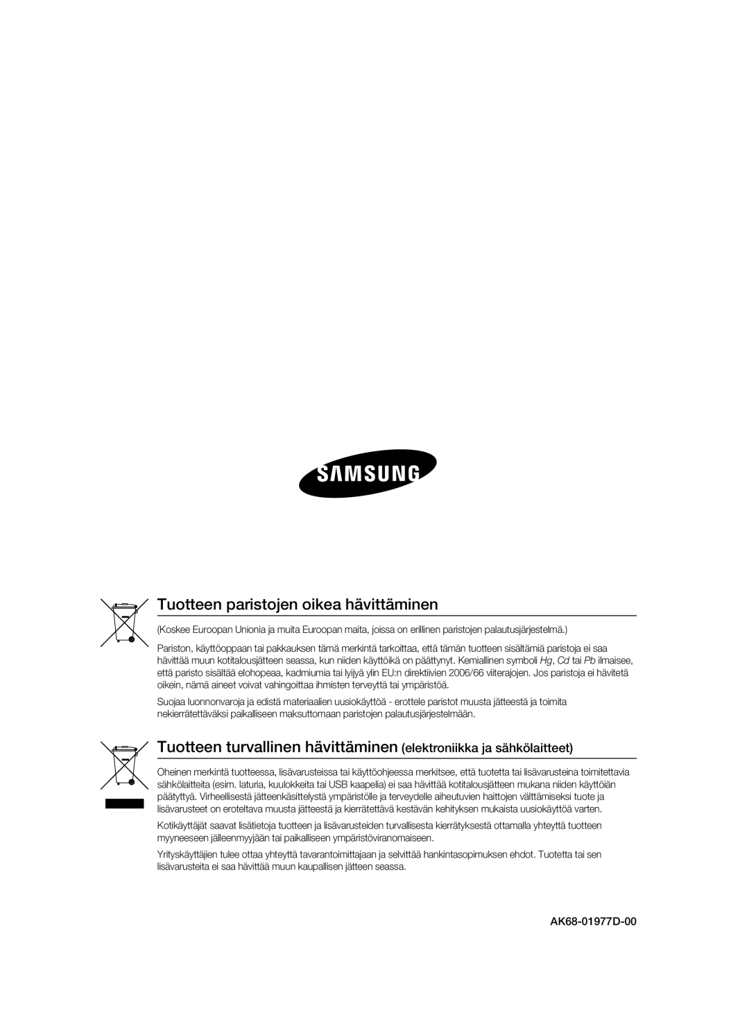 Samsung BD-C8900/XEE manual Tuotteen paristojen oikea hävittäminen 