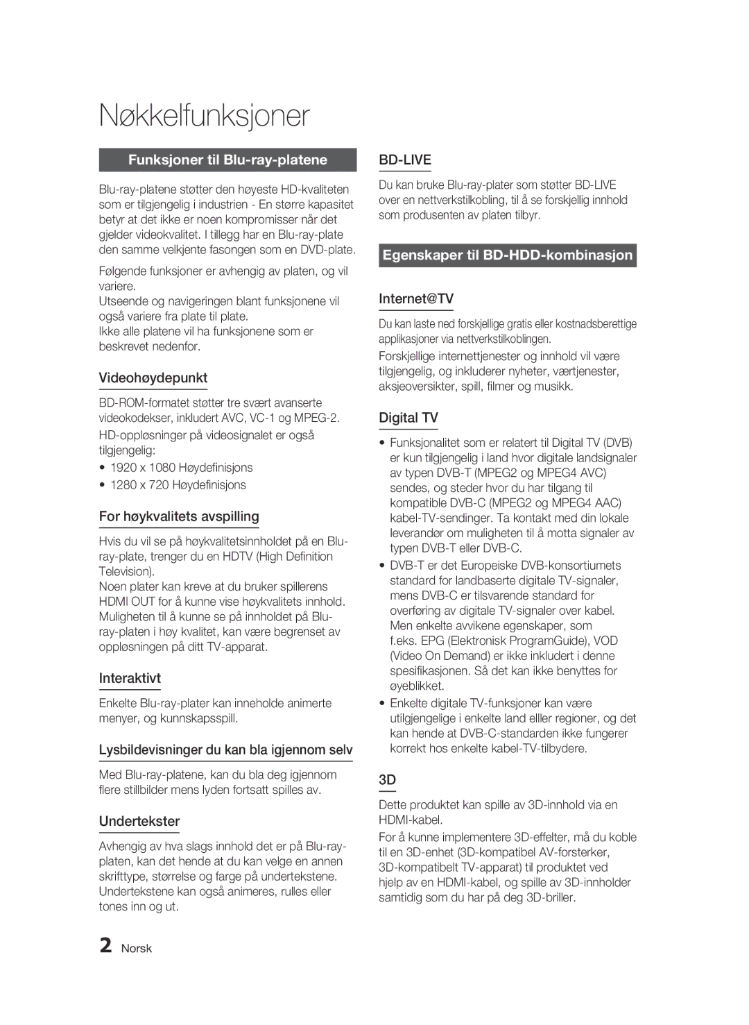 Samsung BD-C8900/XEE manual Nøkkelfunksjoner, Funksjoner til Blu-ray-platene, Egenskaper til BD-HDD-kombinasjon 